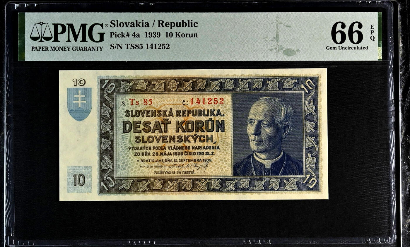 【Blue Auction】✨世界纸币精拍第504期【精】 【实钞唯一冠军分 P4a 非常罕见】斯洛伐克 1939年10克朗 PMG66EPQ 正面系斯洛伐克教会领导人和最著名的自治运动政治家安德烈·赫林卡 背面仰望自由的女孩（第一次世界大战结束时，他坚决支持捷克和斯洛伐克联合起来。捷克斯洛伐克共和国成立后，他领导斯洛伐克自治运动，拒绝捷克斯洛伐克主义和布拉格中央集权主义，批评捷克对斯洛伐克的政治态度。）