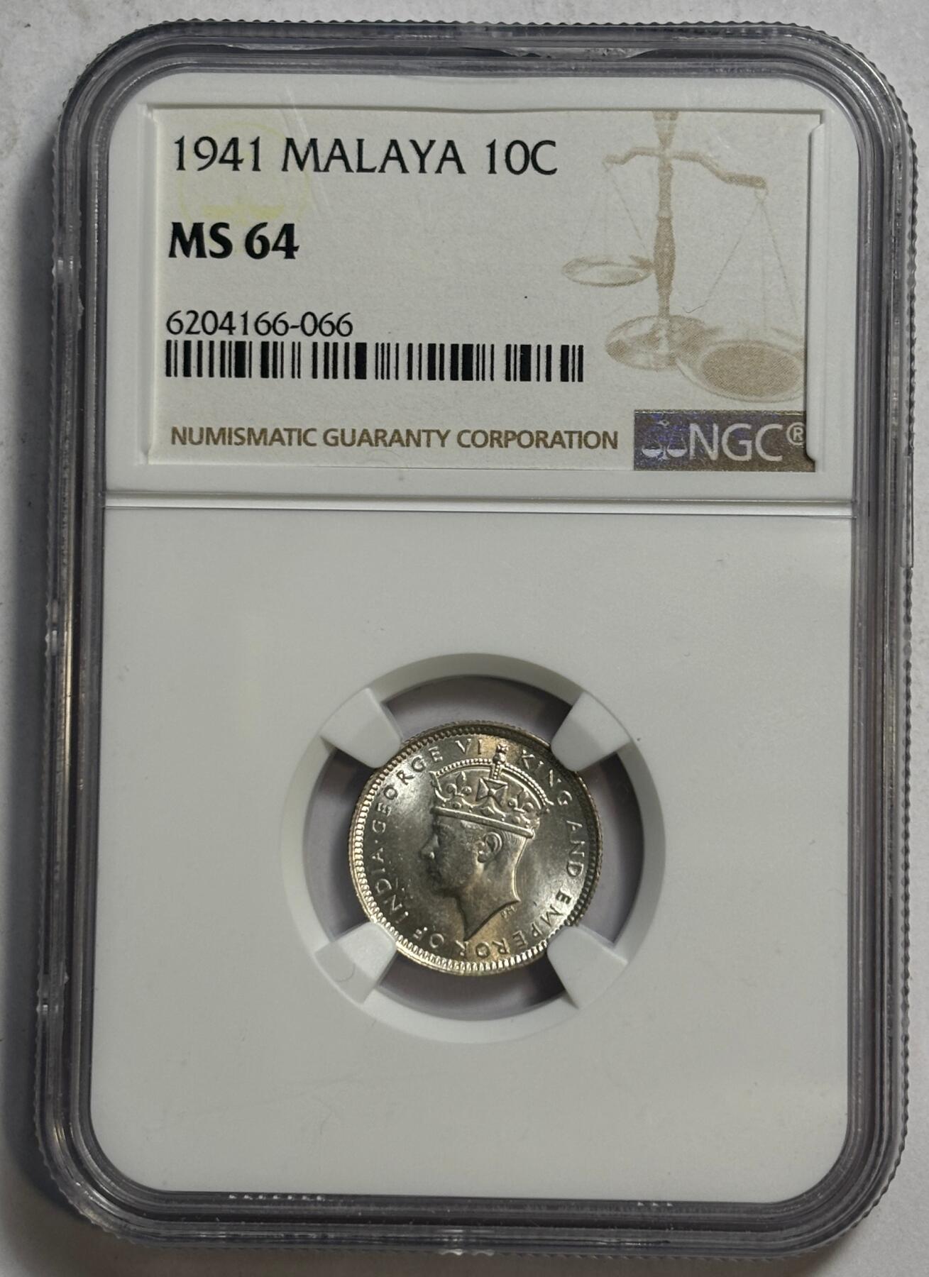 紫瑗钱币——第440期 马来亚 1941年 乔治六世 10分 银币 NGC MS64