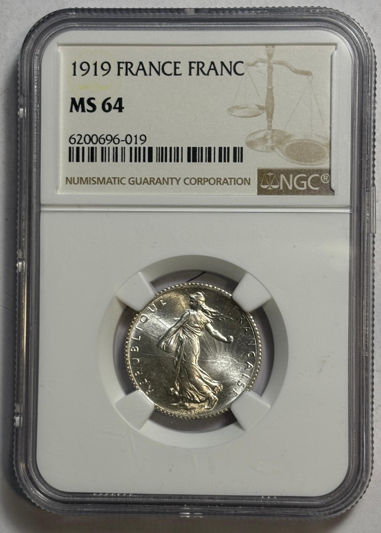紫瑗钱币——第422期 法国 1919年 播种女神 1法郎 银币 NGC MS64