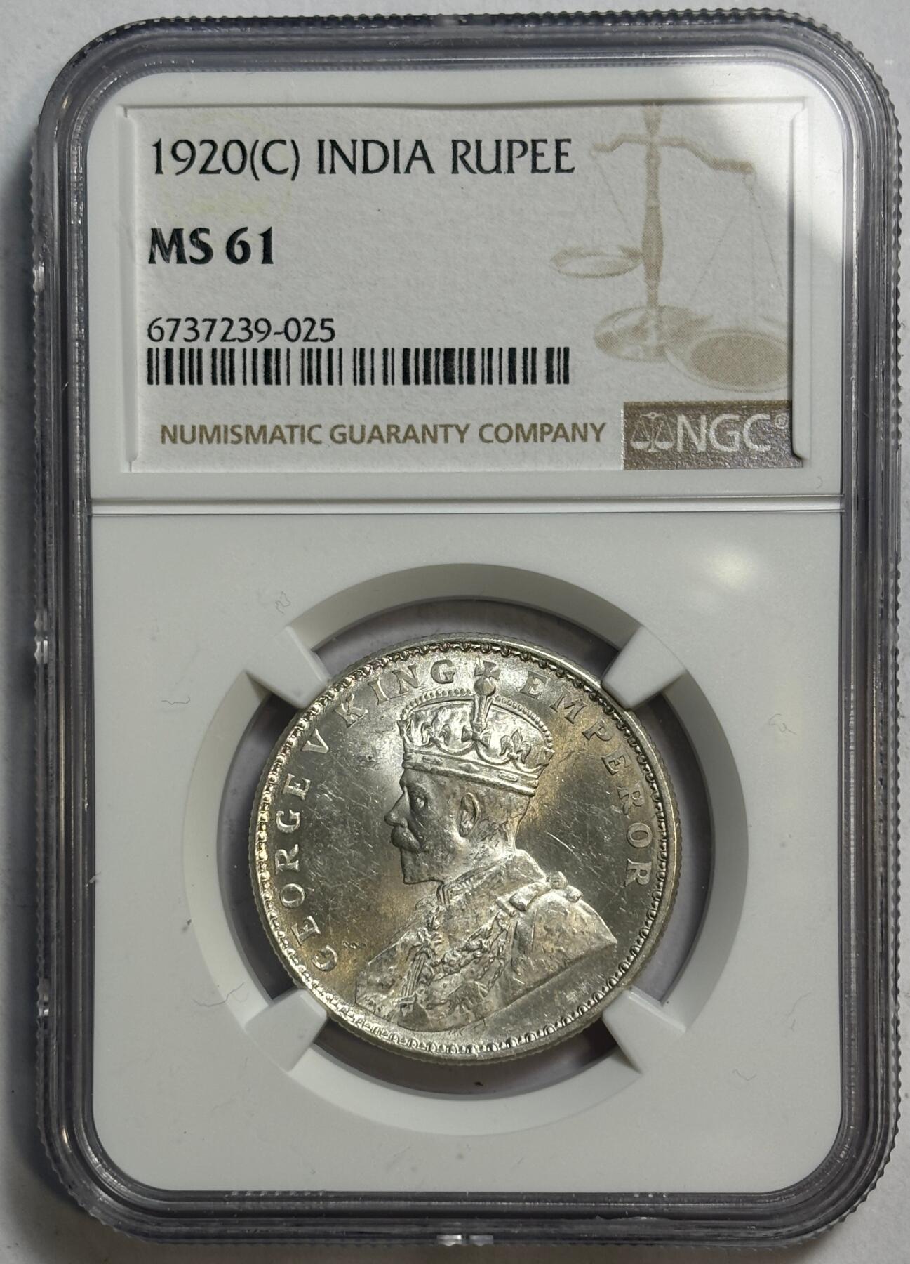 紫瑗钱币——第440期 英属印度 1920年 C版 乔治五世 1卢比 银币 NGC MS61