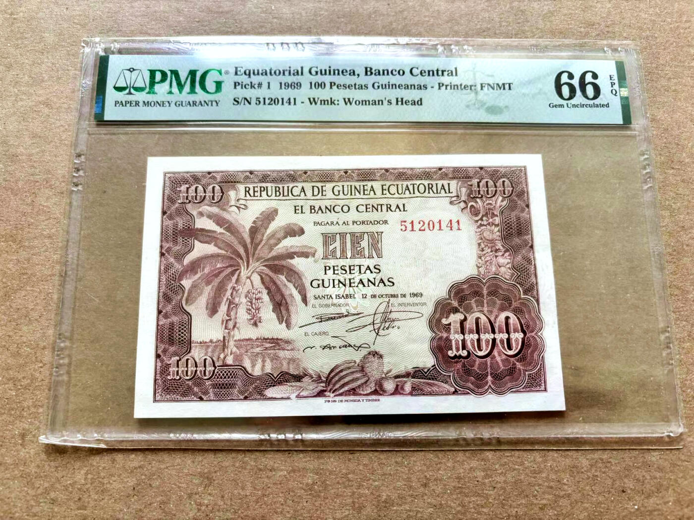 【Blue Auction】✨世界纸币精拍第504期【精】 【无加盖版 p1】赤道几内亚 1969年100比塞塔 PMG66EPQ 风景唯美