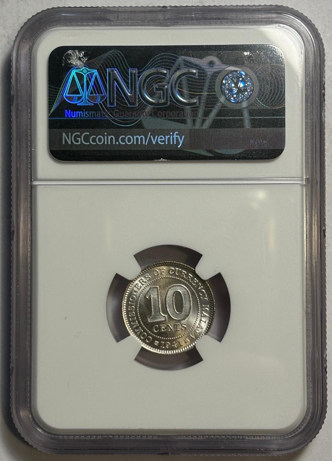 紫瑗钱币——第440期 马来亚 1941年 乔治六世 10分 银币 NGC MS64