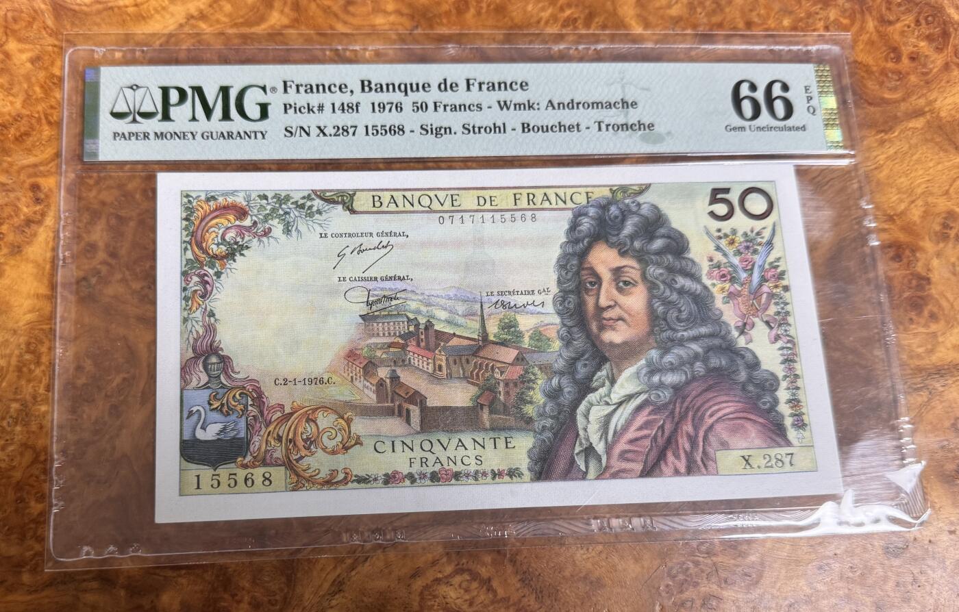 Chase Auction 第30期 - - 外钞、民国钞和人民币混合场！ 1976年法国50法郎，PMG66！