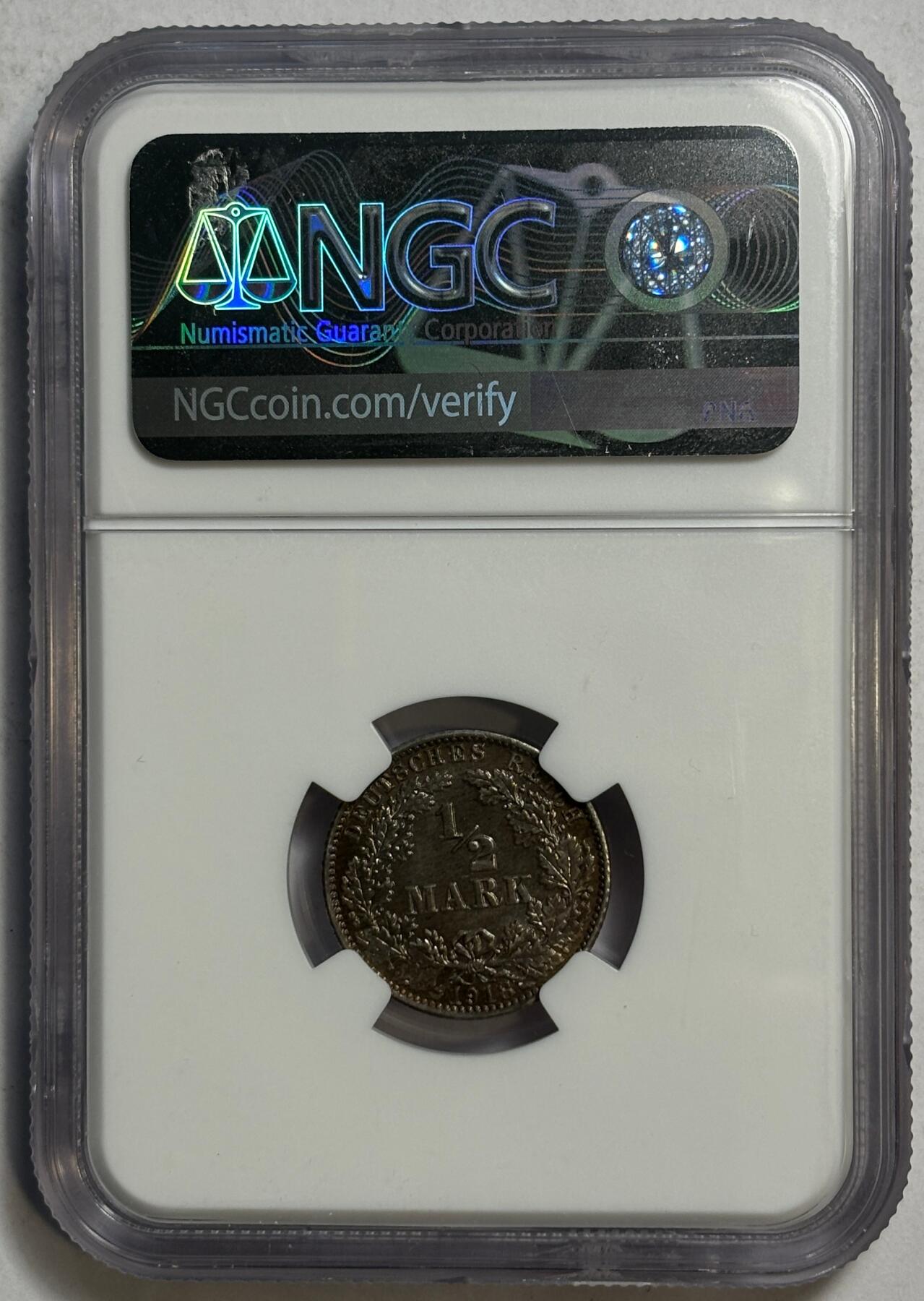 紫瑗钱币——第386期拍卖 德国 1918年 A版 第二帝国 1/2马可 银币 NGC MS63 五彩包浆