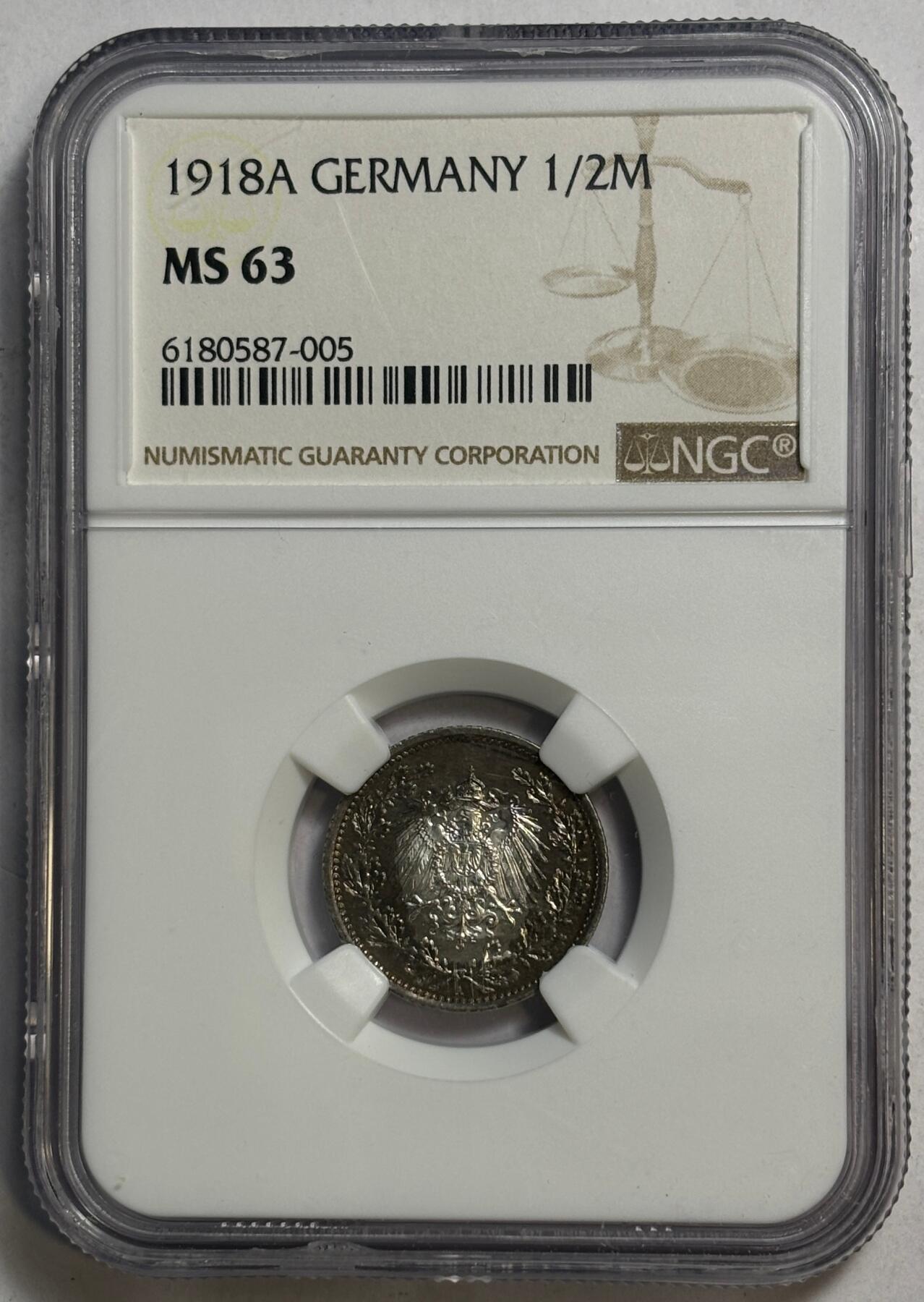 紫瑗钱币——第386期拍卖 德国 1918年 A版 第二帝国 1/2马可 银币 NGC MS63 五彩包浆