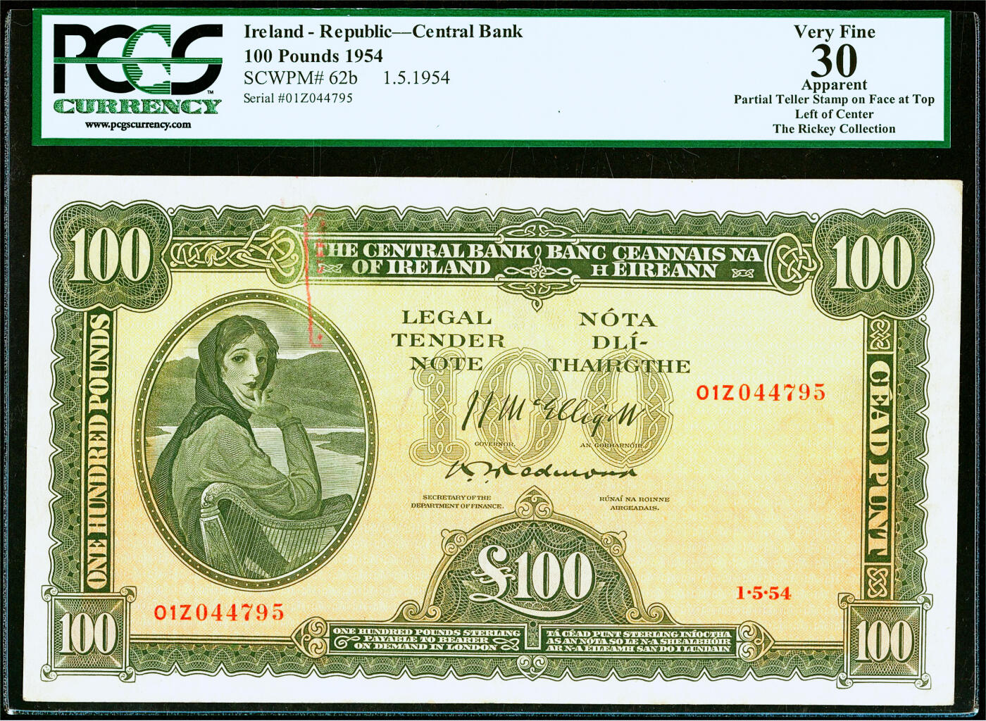 【Blue Auction】✨世界纸币精拍第504期【精】   【唯一冠军分&唯一记录 01Z冠】爱尔兰早期Eire版 1954年100镑 拉弗雷夫人 背面河神超大票幅 p62b非常少见 vf目录价1000美金 PCGS30绿标 