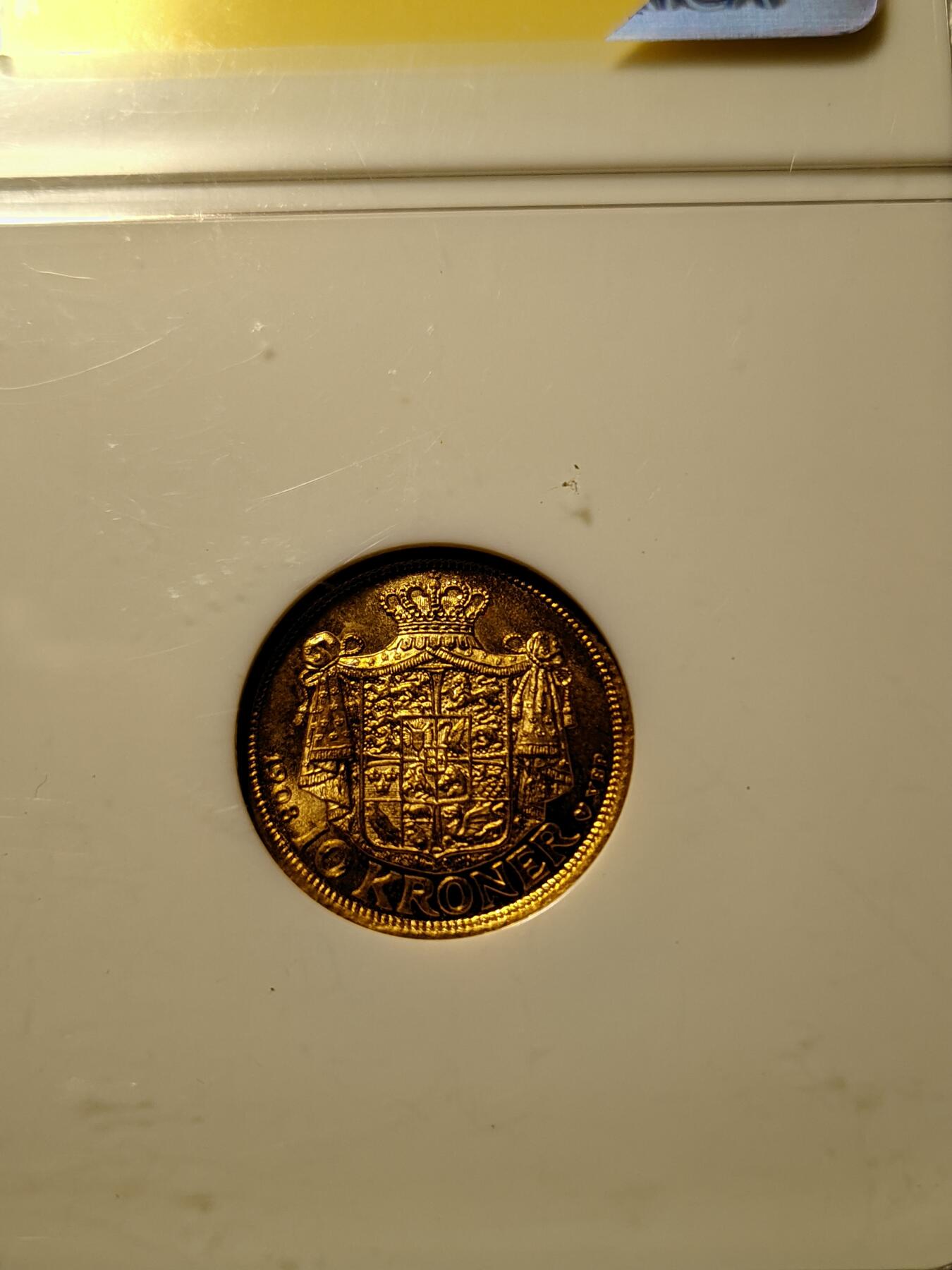第17回:最后一期应有尽有，金币银币铜币（全场包邮） NGC-MS65 丹麦1908年弗雷德里希八世10克朗金币，背面设计精美，4.48克900金