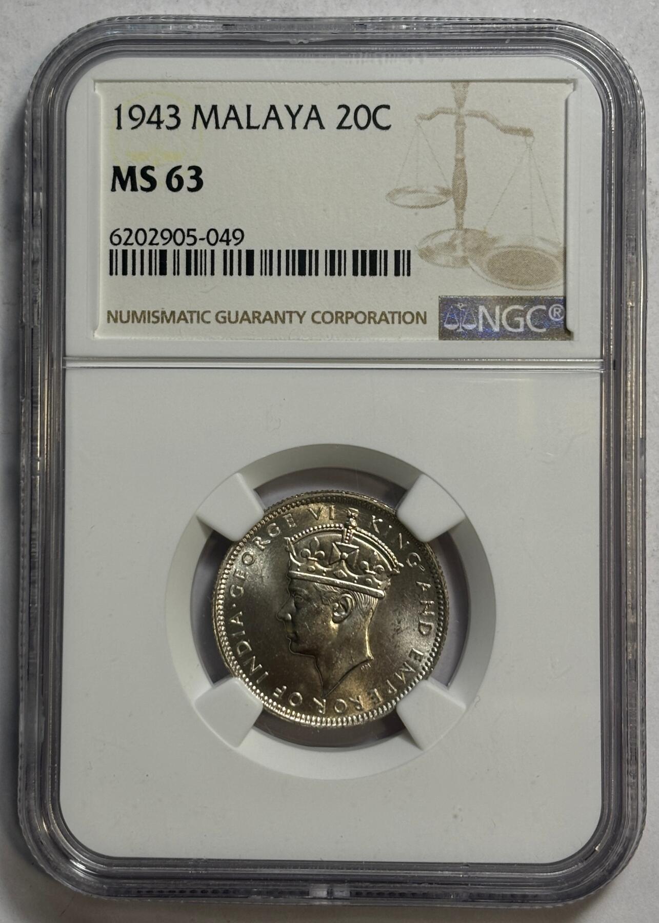 紫瑗钱币——第462期 马来亚 1943年 乔治六世 20分 银币 NGC MS63