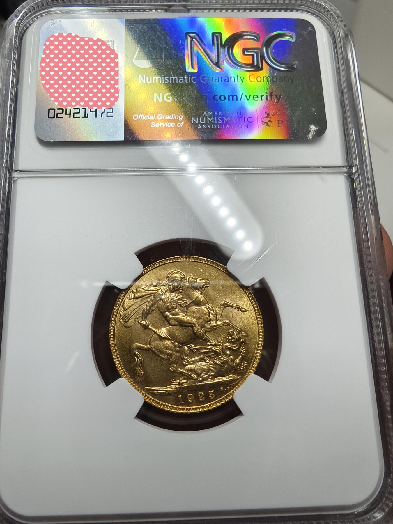 NGC-MS65英国1925年乔治五世索维林金币- 金质的欧罗巴- 金质的欧罗巴