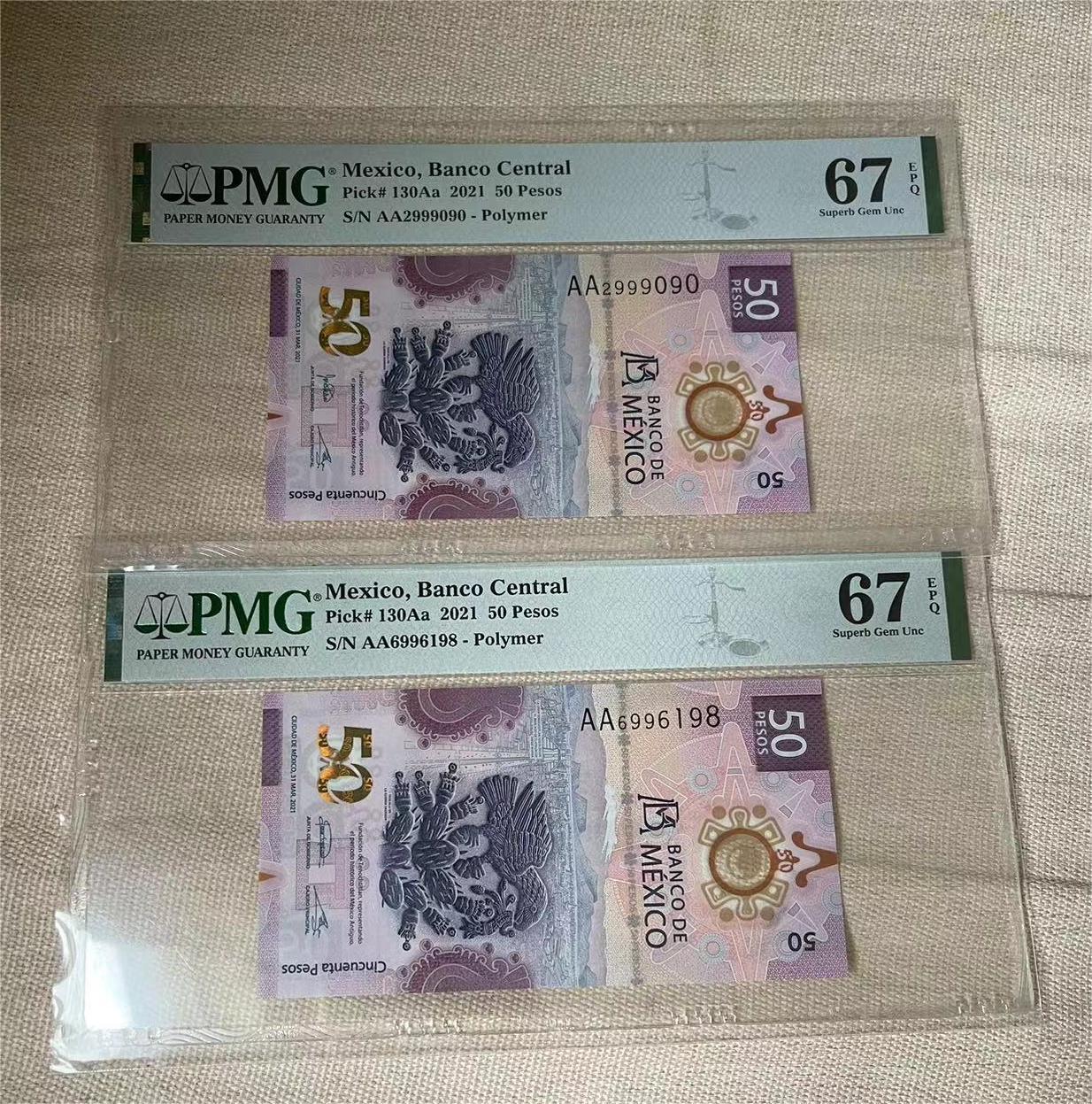 【Blue Auction】✨世界纸币精拍第504期【精】 【一组2张 获奖钞 含倒置号 AA冠】墨西哥 2021年50比索 PMG67EPQ 高分