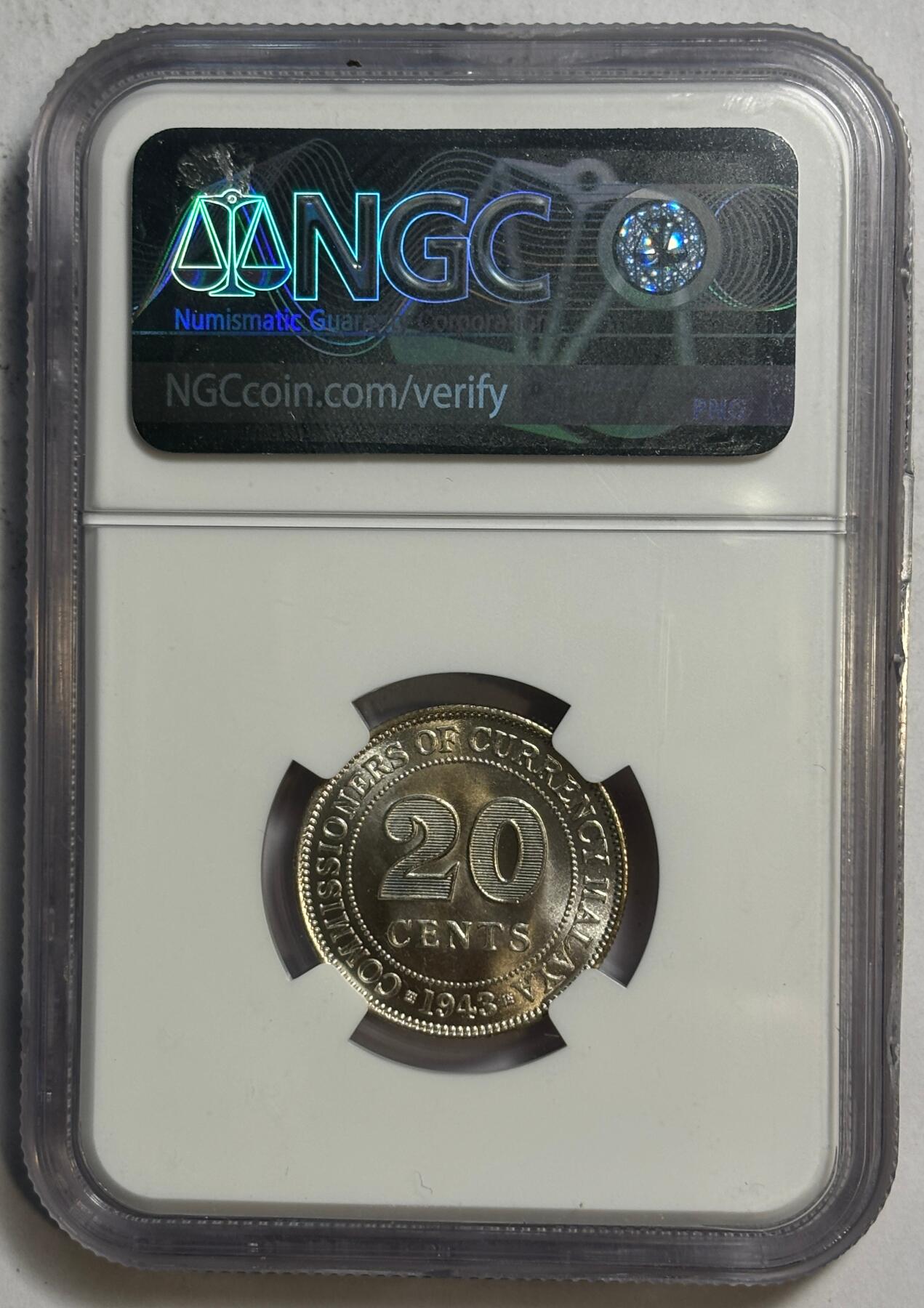 紫瑗钱币——第462期 马来亚 1943年 乔治六世 20分 银币 NGC MS63