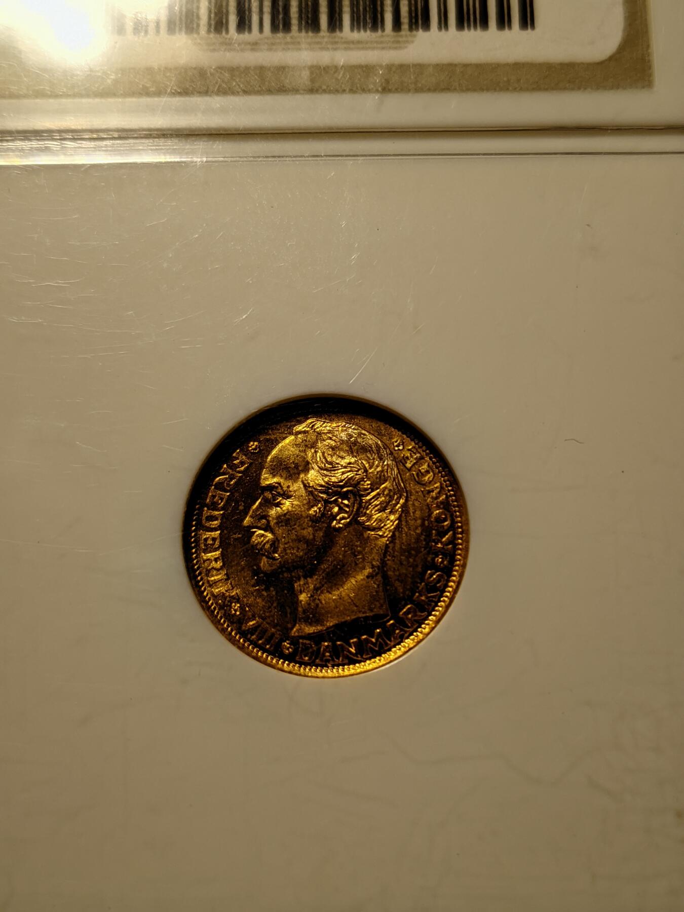 第17回:最后一期应有尽有，金币银币铜币（全场包邮） NGC-MS65 丹麦1908年弗雷德里希八世10克朗金币，背面设计精美，4.48克900金