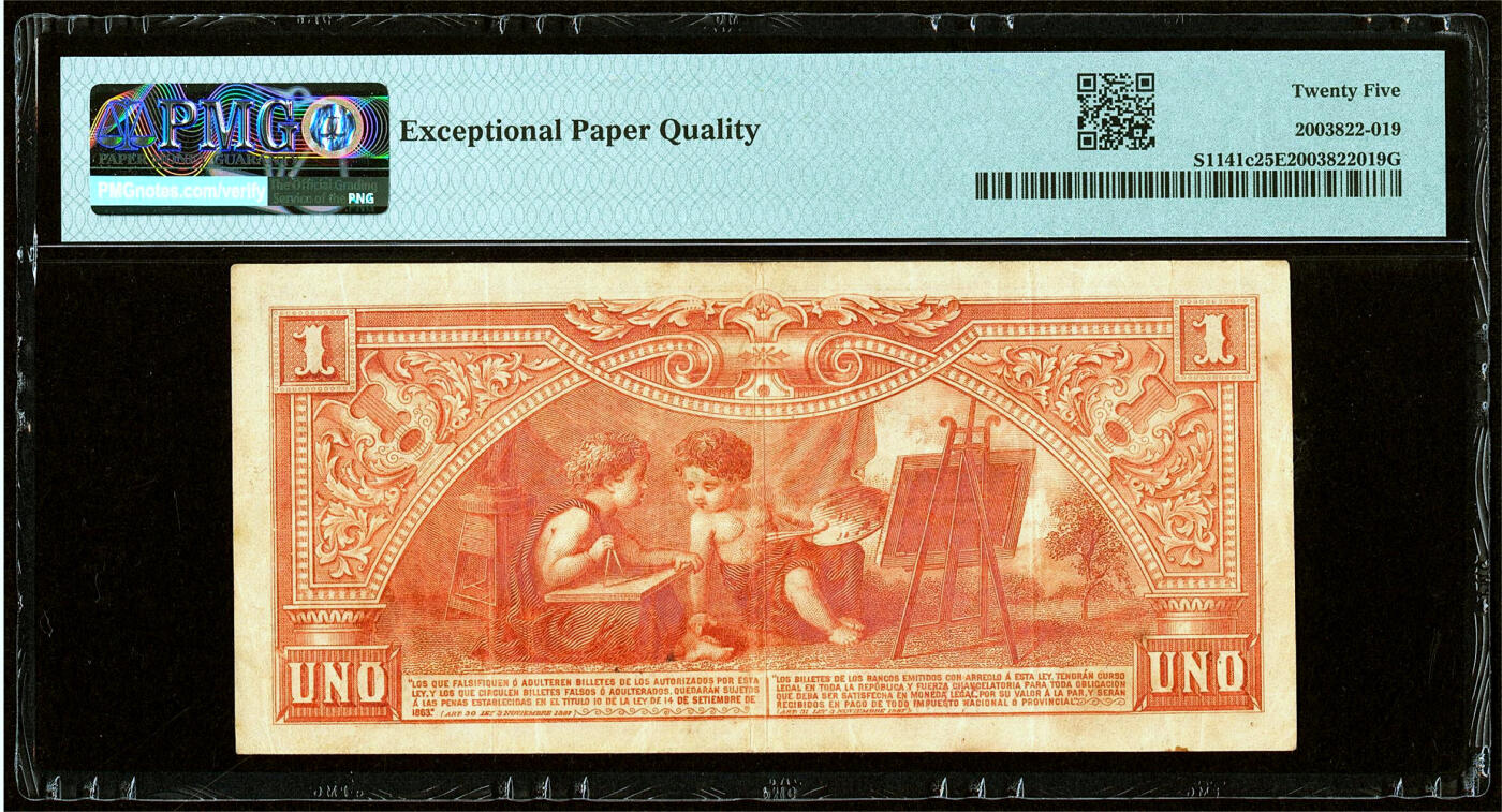 【Blue Auction】✨世界纸币精拍第504期【精】 【唯一冠军分&唯一记录 p-1141c Entre Rios省银行罕见版本】阿根廷 早期 1897年1比索 PMG25EPQ 原票 正面G. Brown将军 3个小天使 背面是可爱的孩童进行艺术创作与科学实验 非常讨喜的一张BWC早期纸币