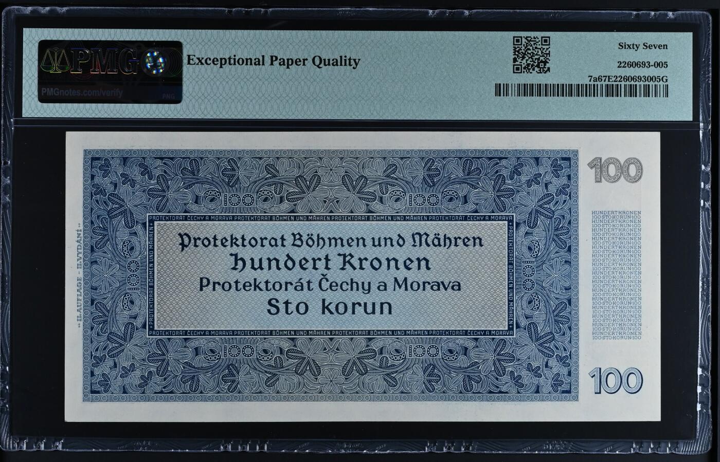 【Blue Auction】✨世界纸币精拍第504期【精】 【无47 实钞】波西米亚 1940年100克朗 PMG67EPQ 高分 