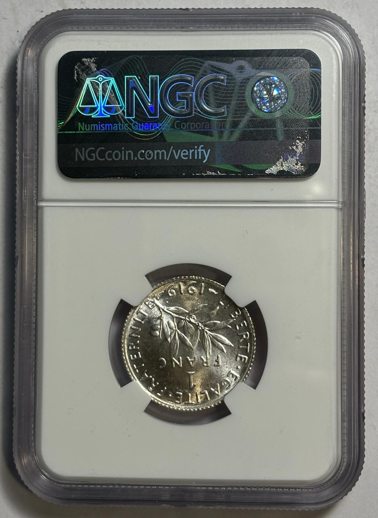紫瑗钱币——第422期 法国 1919年 播种女神 1法郎 银币 NGC MS64
