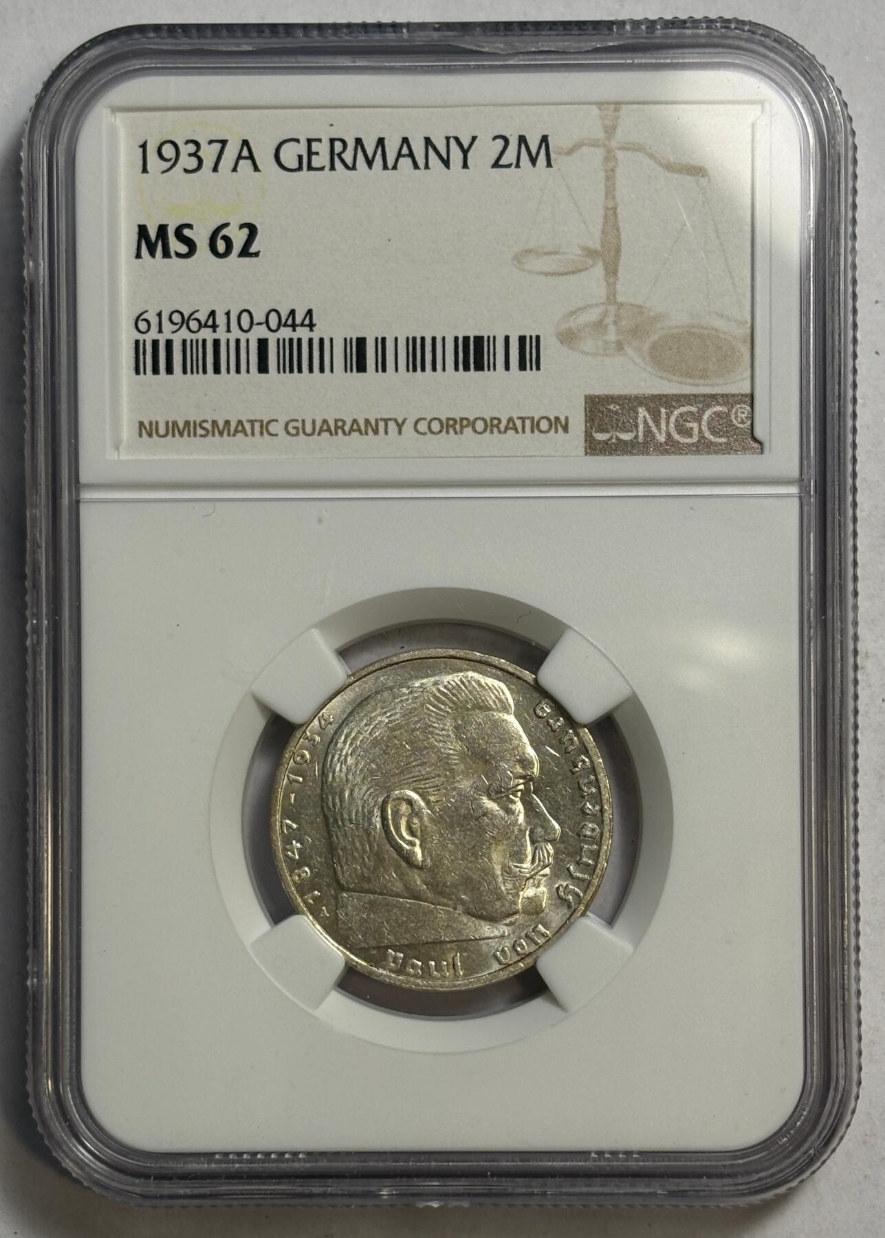 紫瑗钱币——第440期 德国 1937年 A版 兴登堡 2马克 银币 NGC MS62