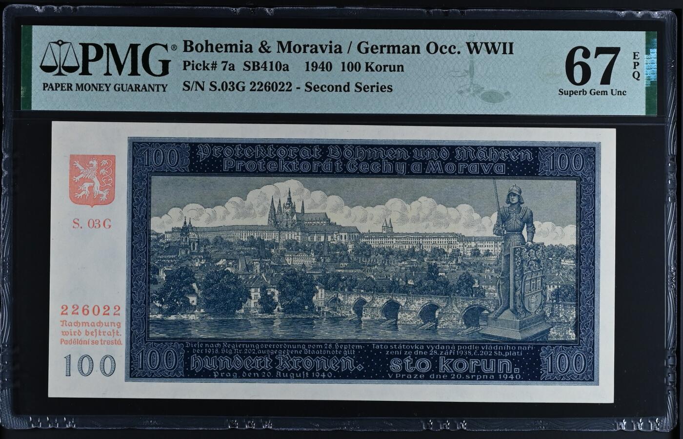 【Blue Auction】✨世界纸币精拍第504期【精】 【无47 实钞】波西米亚 1940年100克朗 PMG67EPQ 高分 