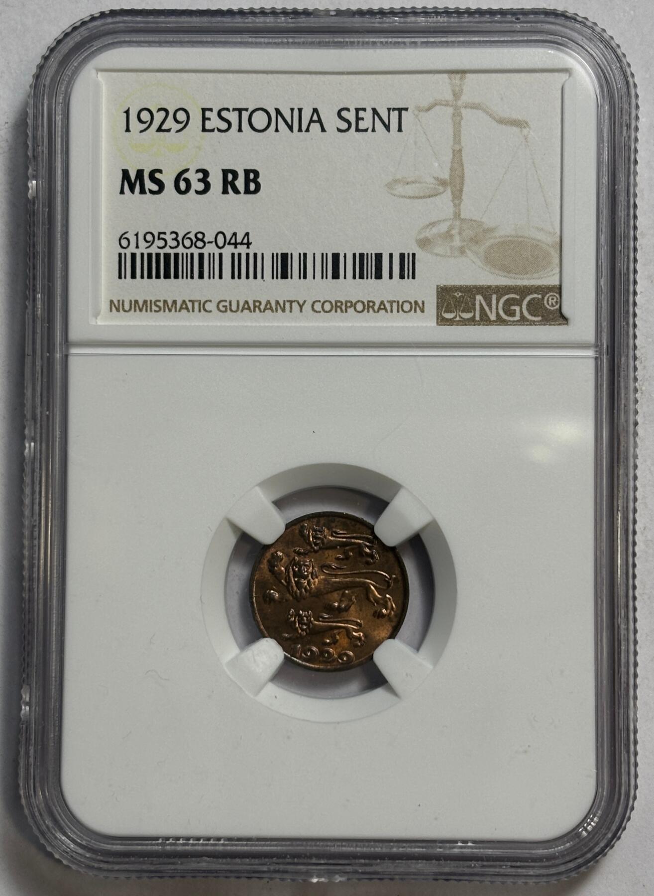 紫瑗钱币——第462期 爱沙尼亚 1929年 1生丁 铜币 NGC MS63 RB