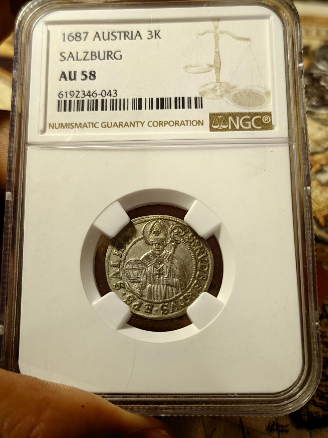 第17回:最后一期应有尽有，金币银币铜币（全场包邮） NGC AU58 奥地利萨尔兹堡1687年3K银币有分难得，第四名，教皇3k小银币，很有特色。也非常有美感。