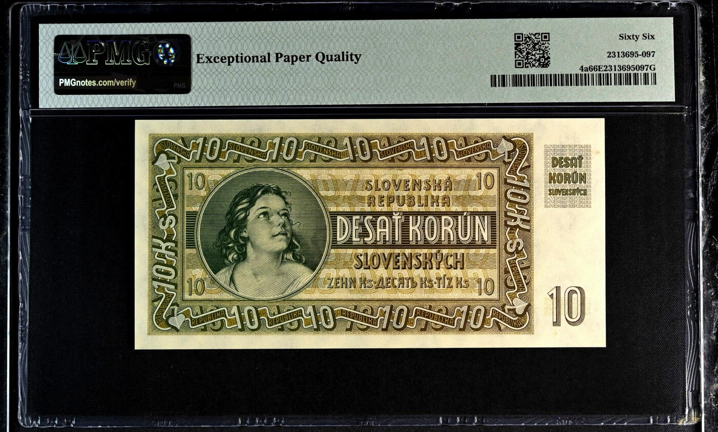【Blue Auction】✨世界纸币精拍第504期【精】 【实钞唯一冠军分 P4a 非常罕见】斯洛伐克 1939年10克朗 PMG66EPQ 正面系斯洛伐克教会领导人和最著名的自治运动政治家安德烈·赫林卡 背面仰望自由的女孩（第一次世界大战结束时，他坚决支持捷克和斯洛伐克联合起来。捷克斯洛伐克共和国成立后，他领导斯洛伐克自治运动，拒绝捷克斯洛伐克主义和布拉格中央集权主义，批评捷克对斯洛伐克的政治态度。）