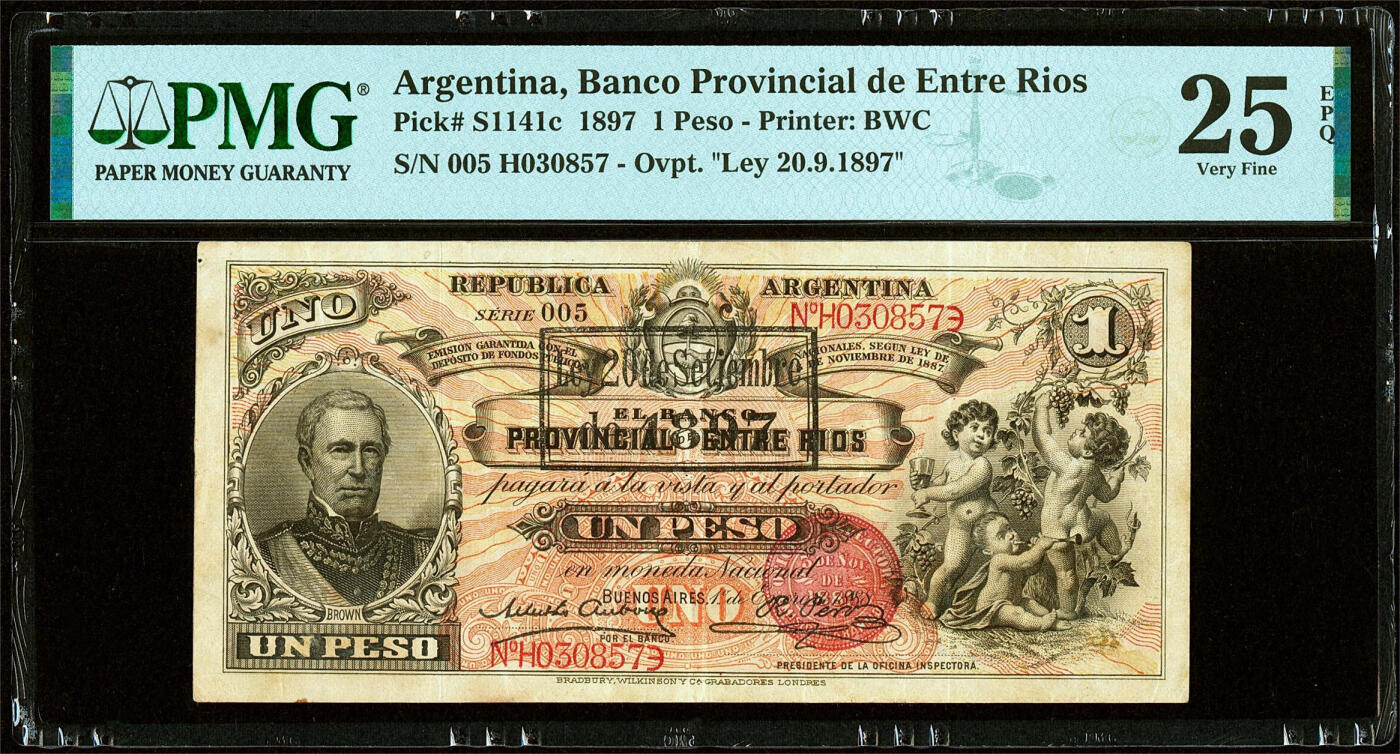 【Blue Auction】✨世界纸币精拍第504期【精】 【唯一冠军分&唯一记录 p-1141c Entre Rios省银行罕见版本】阿根廷 早期 1897年1比索 PMG25EPQ 原票 正面G. Brown将军 3个小天使 背面是可爱的孩童进行艺术创作与科学实验 非常讨喜的一张BWC早期纸币