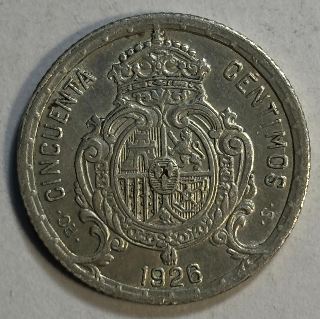 紫瑗钱币——第386期拍卖 西班牙 1926年 阿方索十三世 50分 2.5克 0.835银