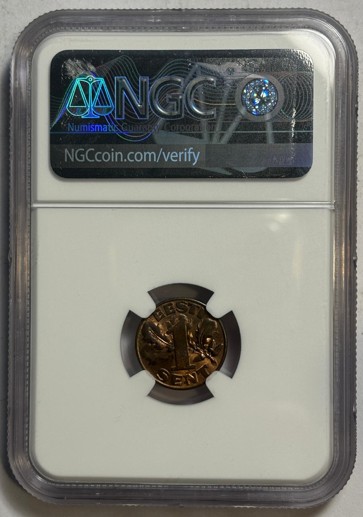 紫瑗钱币——第462期 爱沙尼亚 1929年 1生丁 铜币 NGC MS63 RB