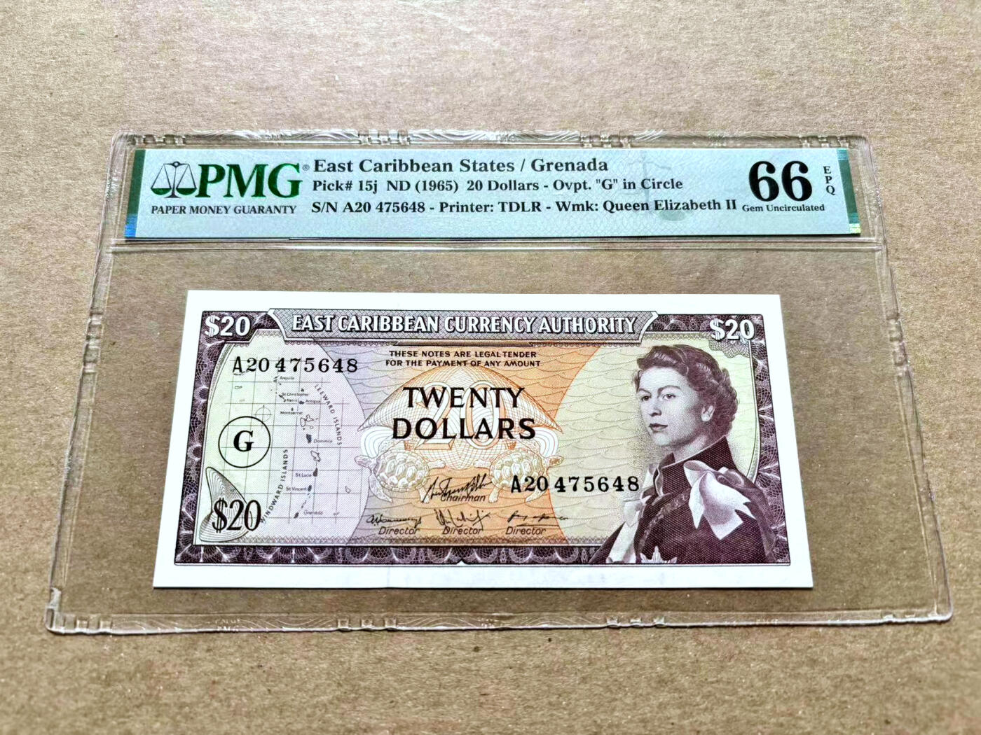 【Blue Auction】✨世界纸币精拍第504期【精】 东加勒比 1965年20元 戎装女王 PMG66EPQ 格林纳达版