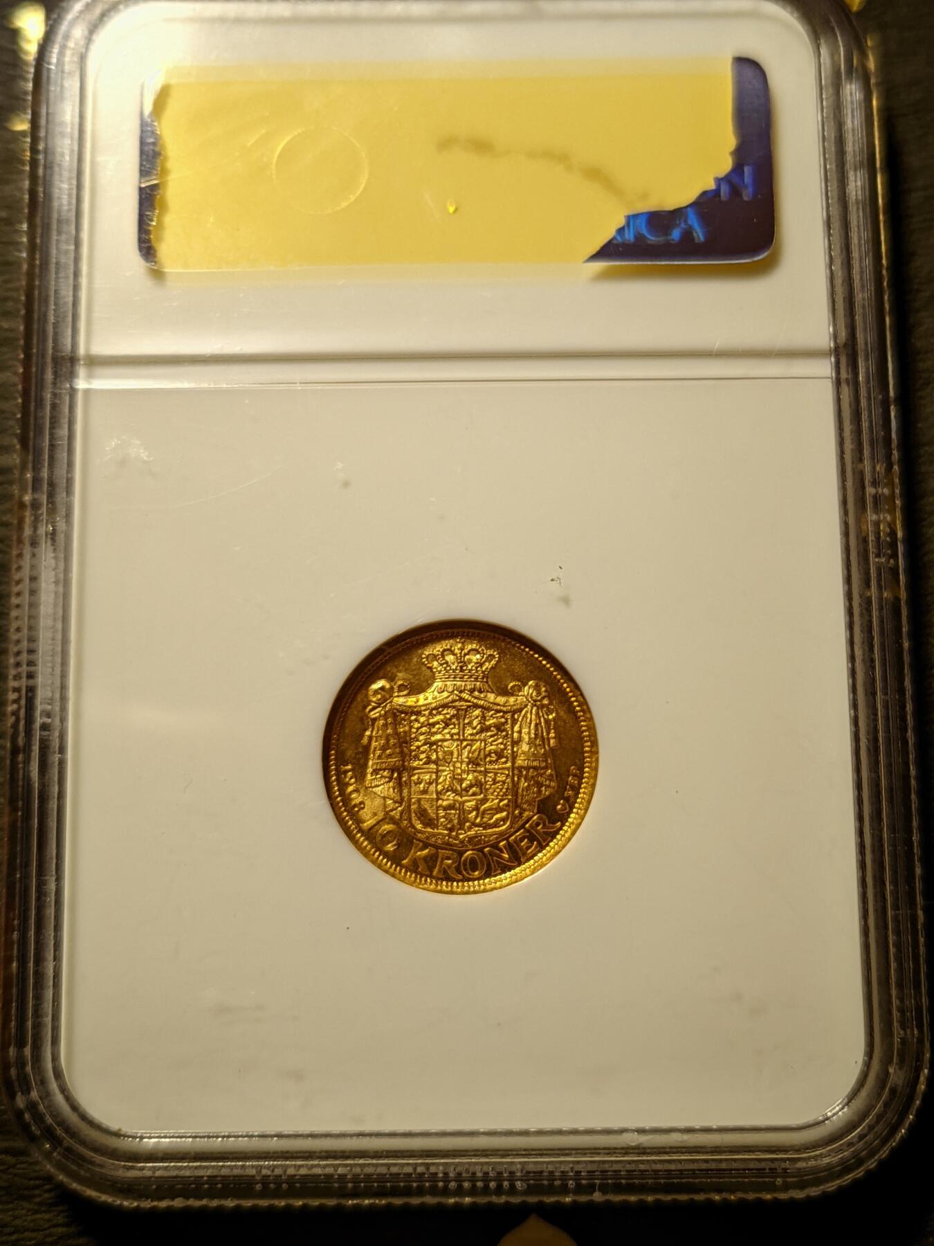 第17回:最后一期应有尽有，金币银币铜币（全场包邮） NGC-MS65 丹麦1908年弗雷德里希八世10克朗金币，背面设计精美，4.48克900金
