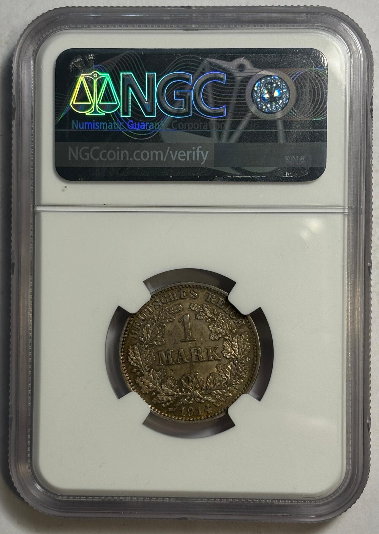 紫瑗钱币——第462期 德国 1914年 E版 第二帝国 长翅 1马克 银币 NGC MS62