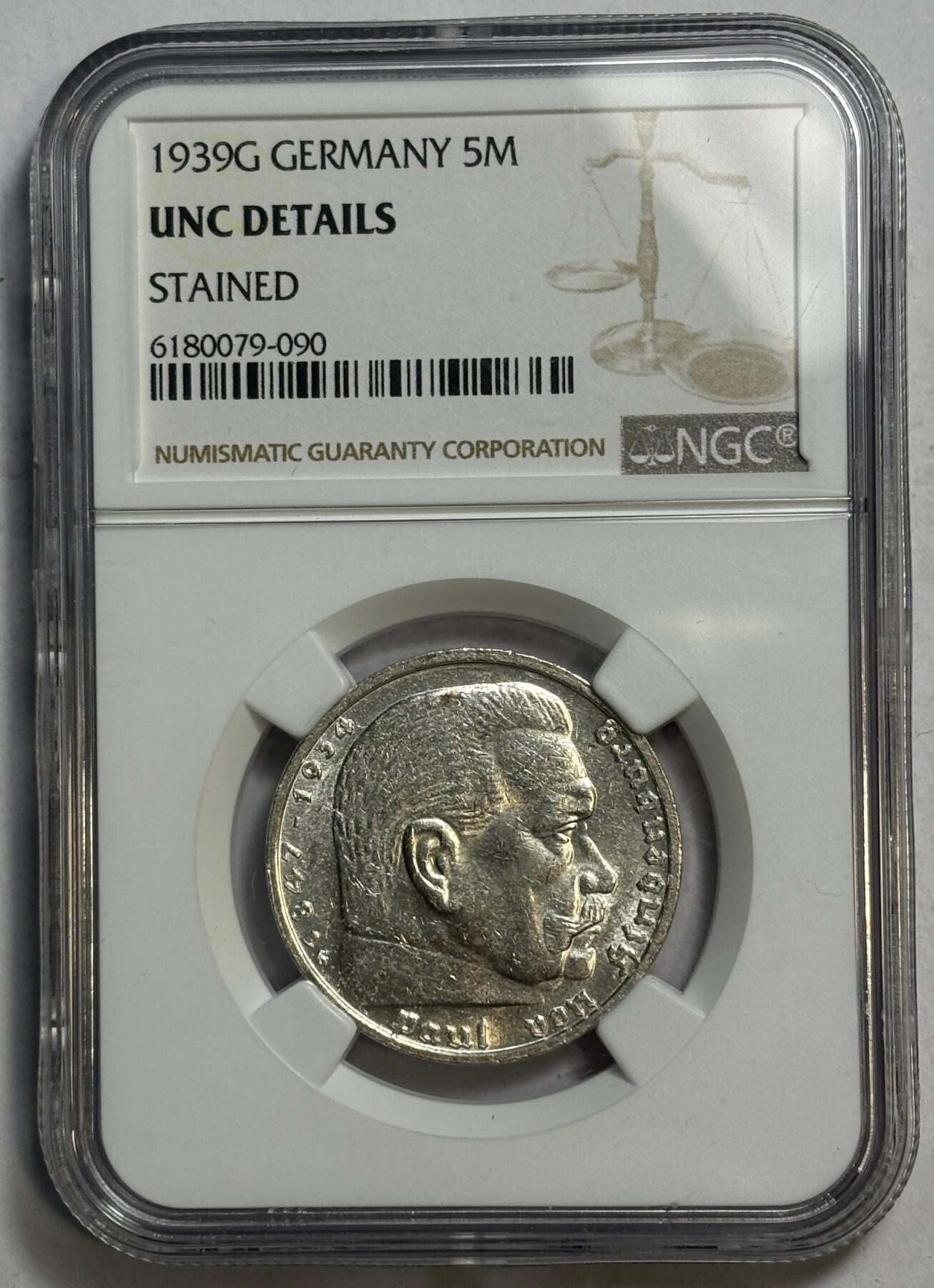 紫瑗钱币——第462期 德国 1939年 G版 兴登堡 字符 5马克 银币 NGC  UNC DETAIL 特殊厂