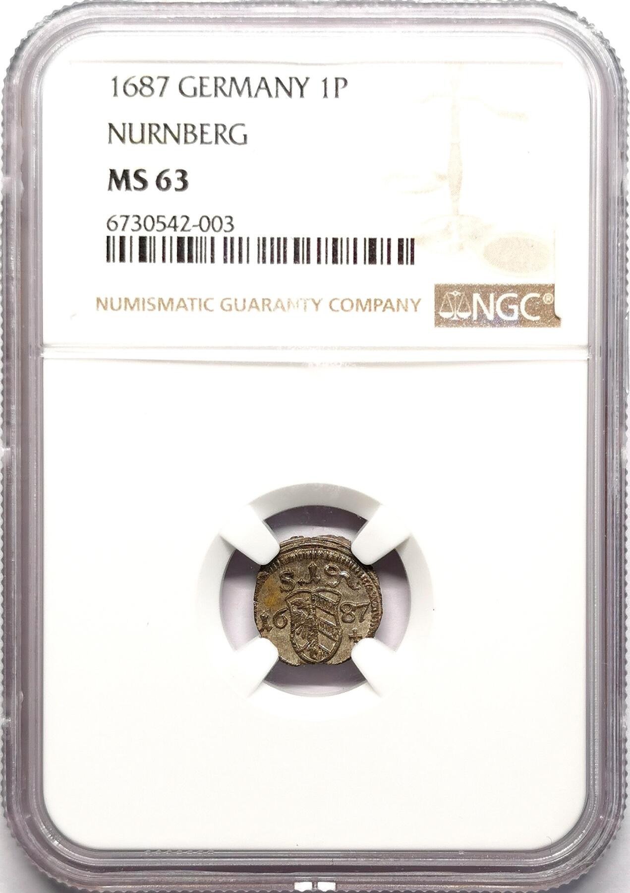 凡希社世界钱币微拍第二百七十六期 1687德国纽伦堡自由市单面银芬尼NGC-MS63
