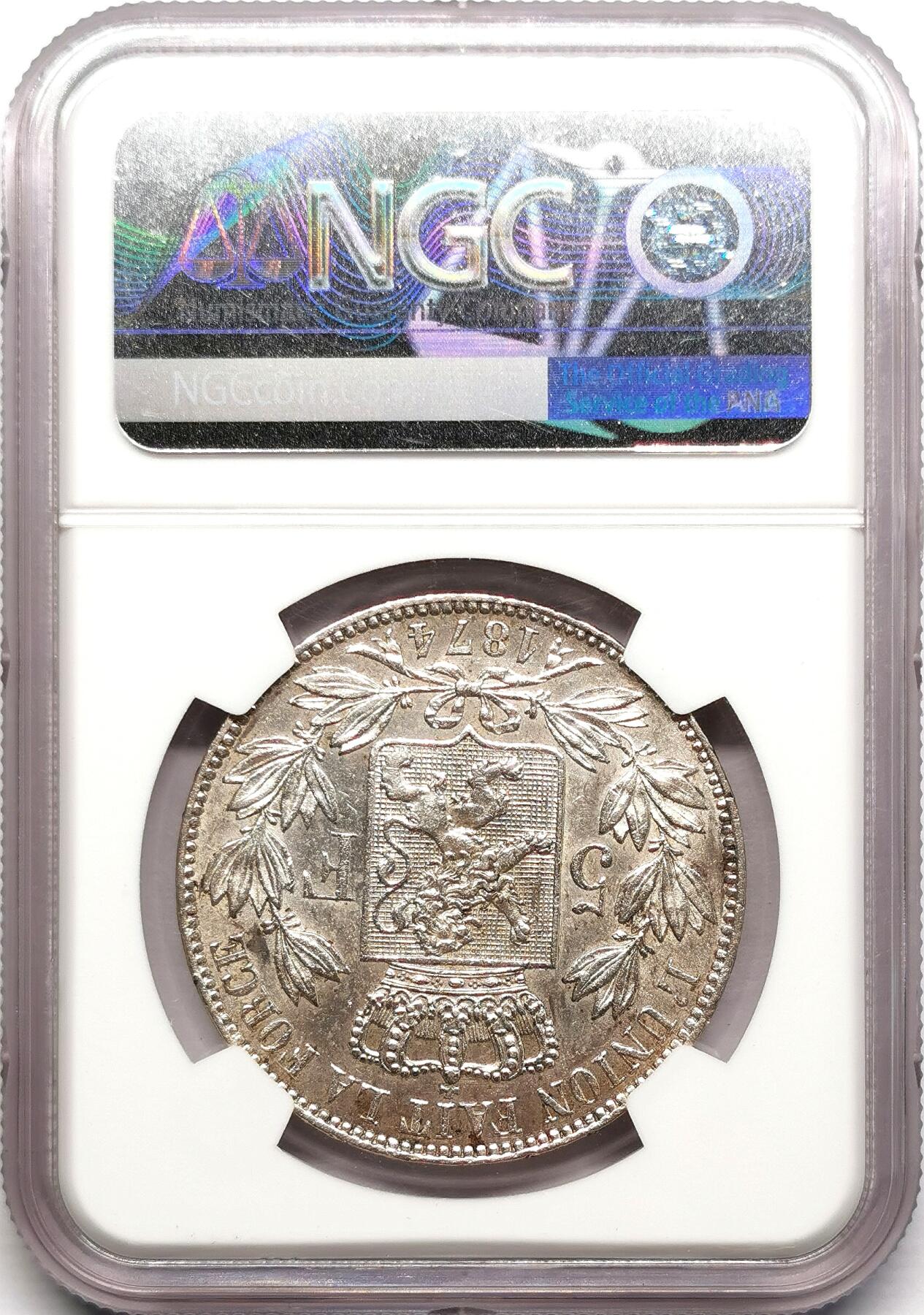 凡希社世界钱币微拍第二百七十六期 1874比利时利奥波德二世5法郎大银NGC-AU55