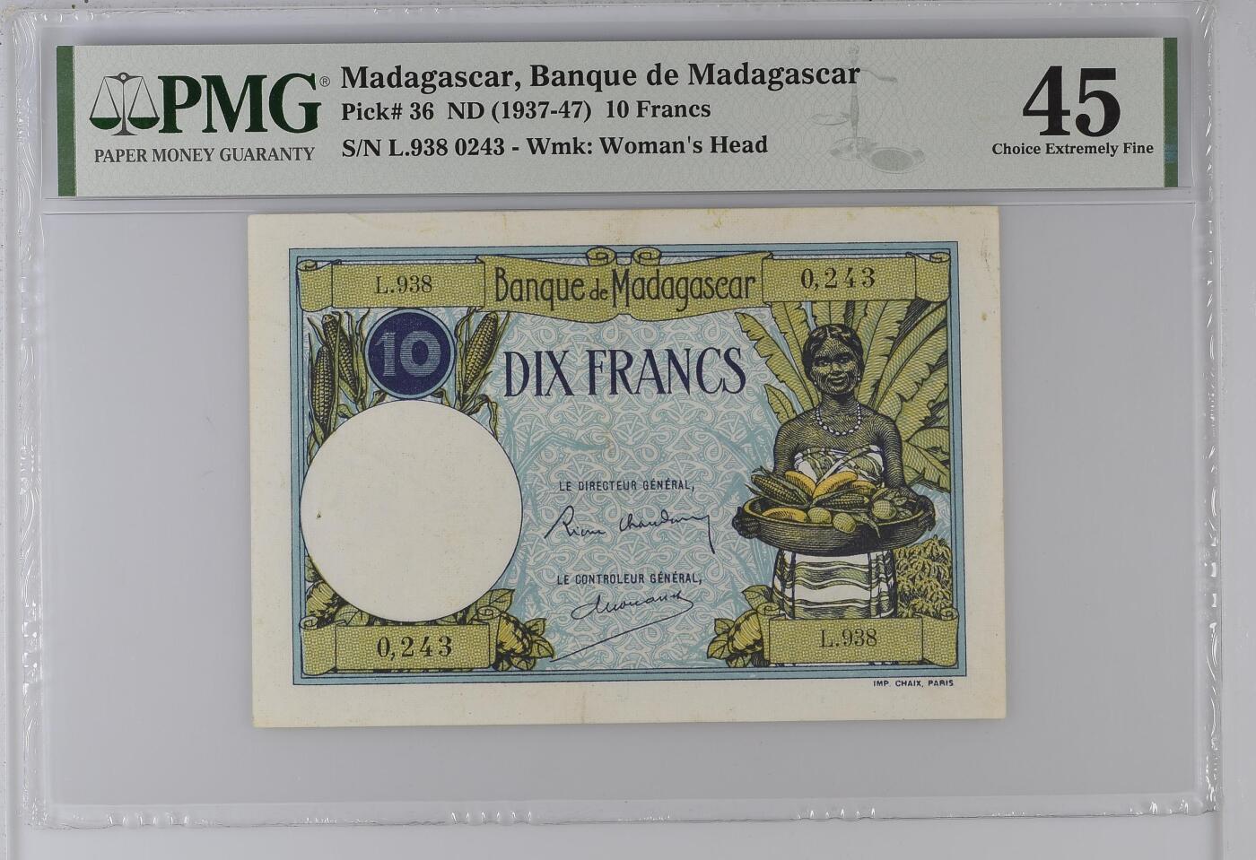 收藏联盟Quantum Auction 第361期拍卖  马达加斯加ND (1937-47)年10法郎 PMG45