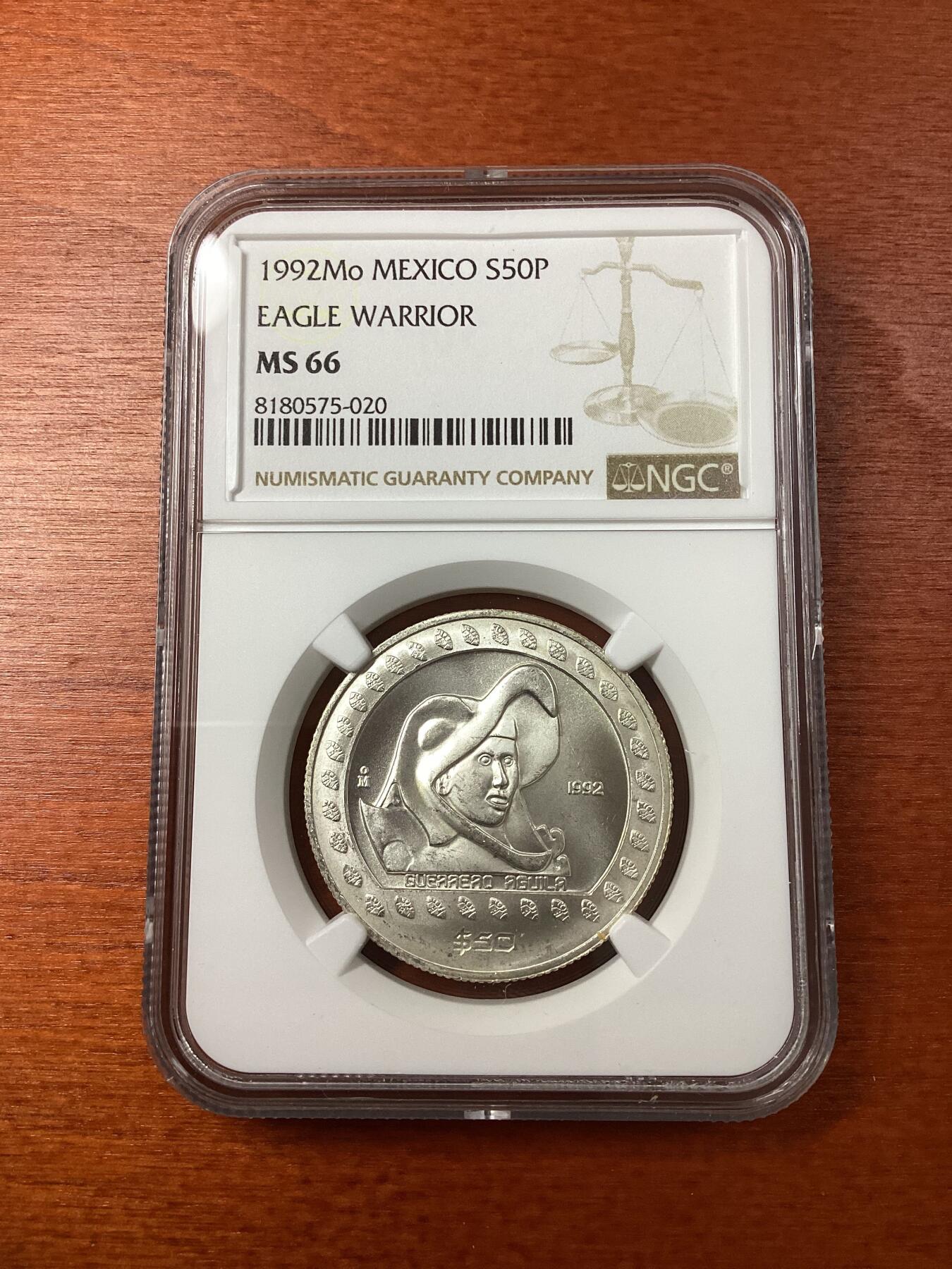 长老汇龙年精选第八场拍卖 1992Mo  墨西哥雄鹰战士50比索银币，NGC MS66，更高8枚，国内少见