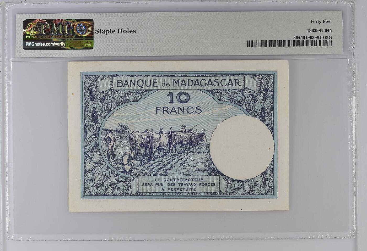 收藏联盟Quantum Auction 第361期拍卖  马达加斯加ND (1937-47)年10法郎 PMG45