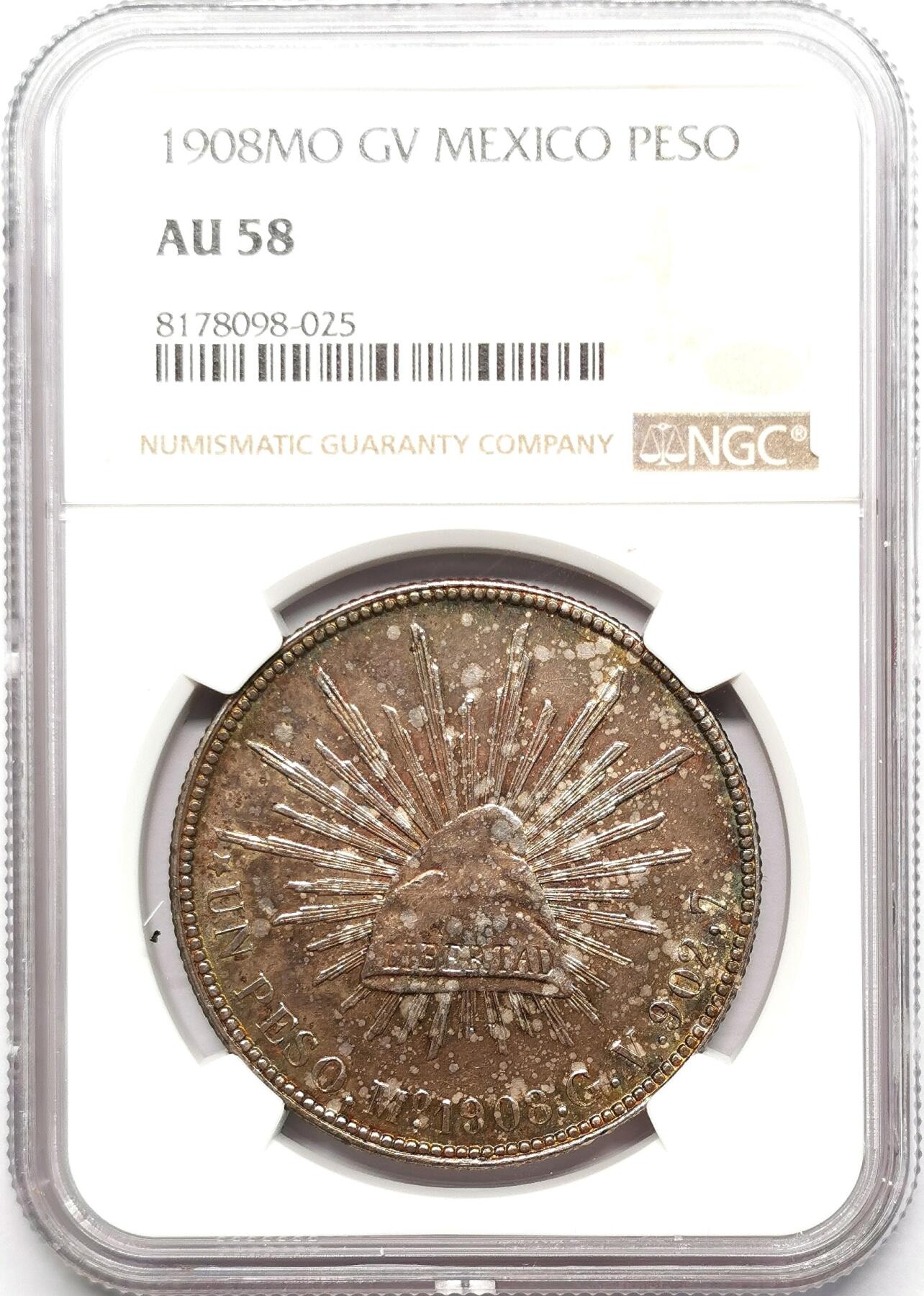 凡希社世界钱币微拍第二百七十六期 1908MO墨西哥直边鹰洋NGC-AU58洋红五彩！