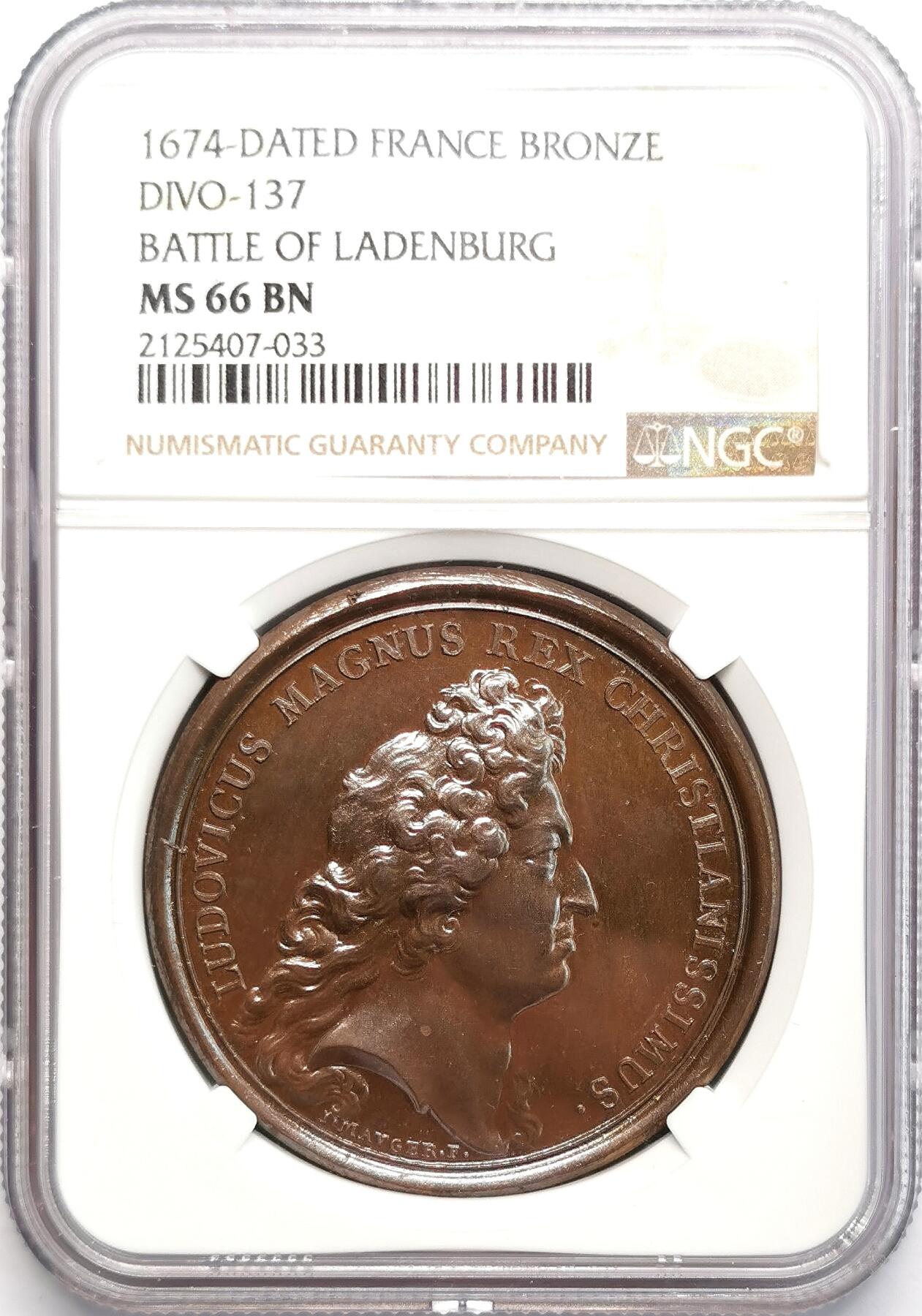 凡希社世界钱币微拍第二百七十六期 1674法国太阳王路易十四拉登堡战役纪念铜章NGC-MS66高分收藏级！