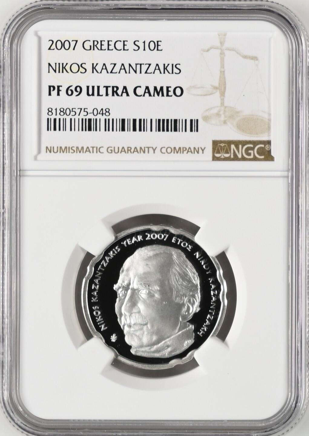 长老汇龙年精选第八场拍卖 2007 希腊卡赞扎基斯10欧元精制银币，NGC PF69UC，唯三冠军，发行5000枚，仅在套币里出现