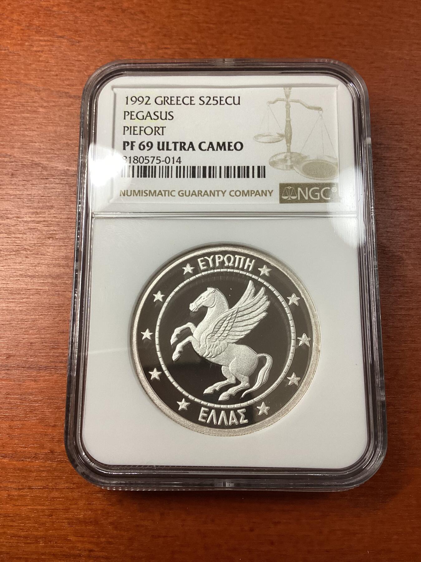 长老汇龙年精选第八场拍卖 1992 希腊飞马25欧元加厚精制银币，NGC PF69UC，56克999银，发行量1000枚，加厚盒，唯一记录