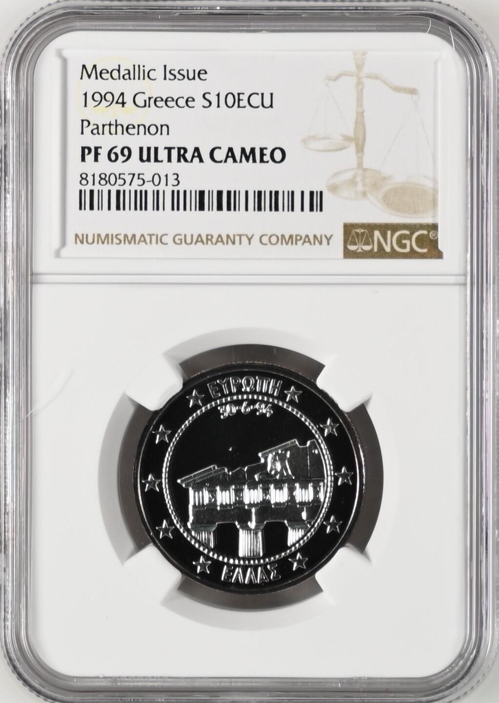 长老汇龙年精选第八场拍卖 1994 希腊帕萨农神庙10欧元精制银币，NGC PF69UC，发行量2000枚，唯一记录