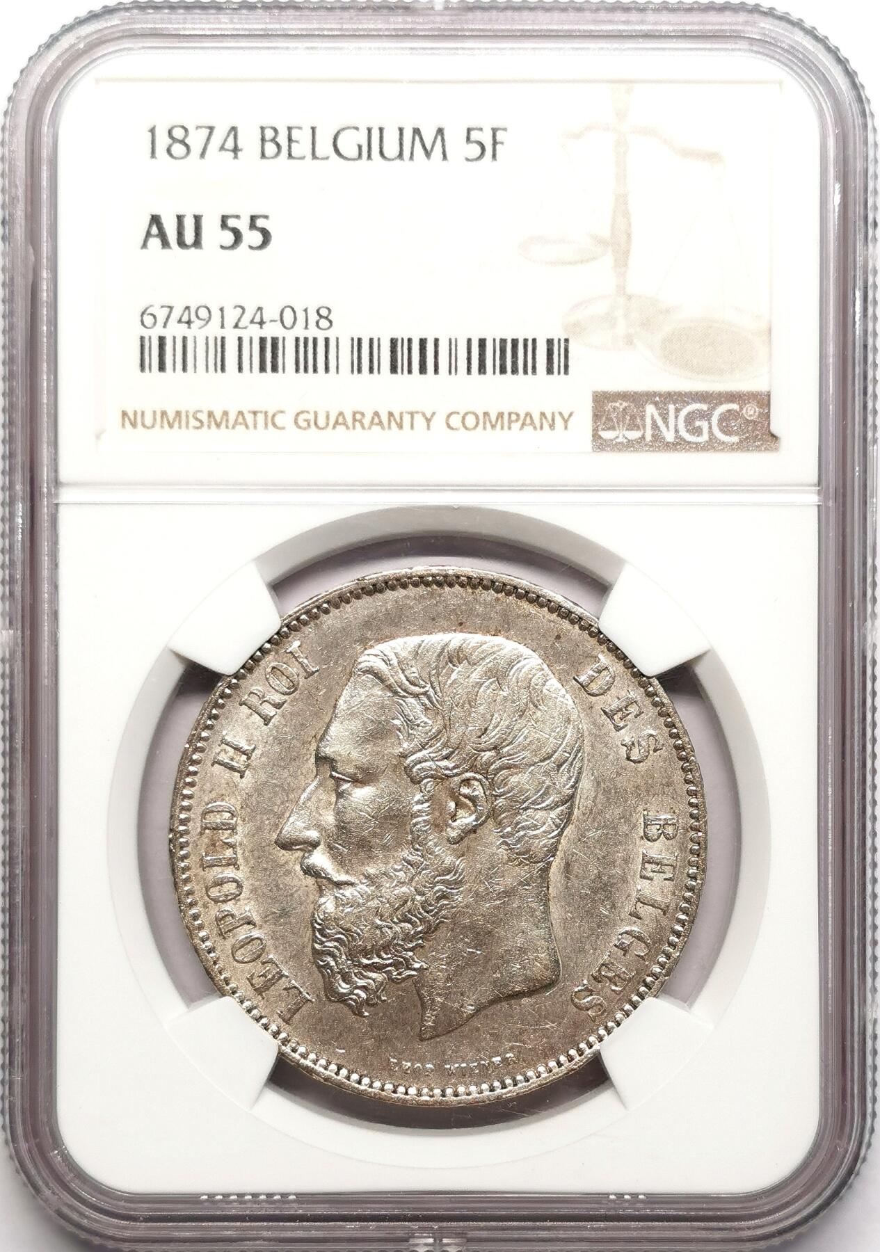 凡希社世界钱币微拍第二百七十六期 1874比利时利奥波德二世5法郎大银NGC-AU55