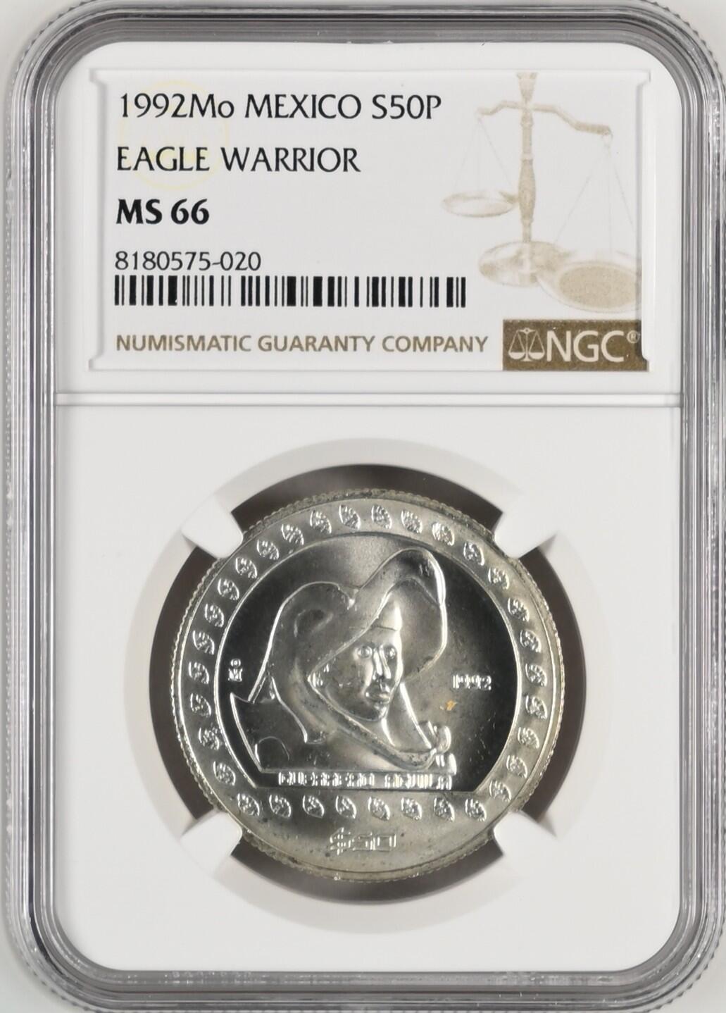 长老汇龙年精选第八场拍卖 1992Mo  墨西哥雄鹰战士50比索银币，NGC MS66，更高8枚，国内少见