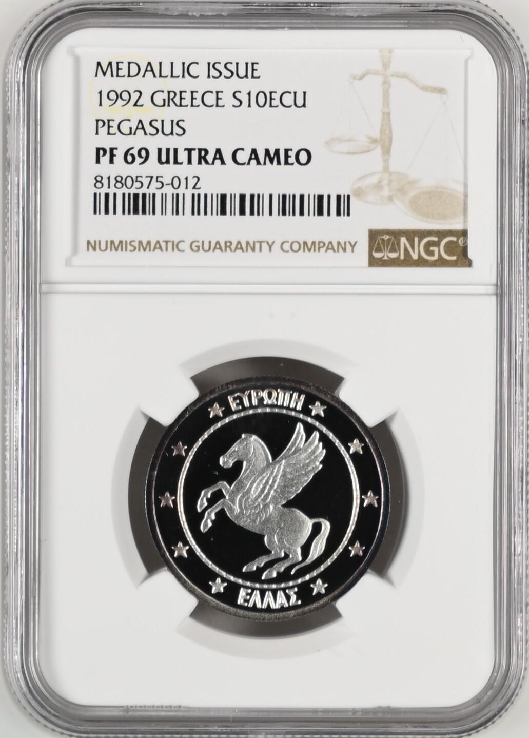 长老汇龙年精选第八场拍卖 1992 希腊飞马10欧元精制银币，NGC PF69UC，发行量2000枚，唯一记录