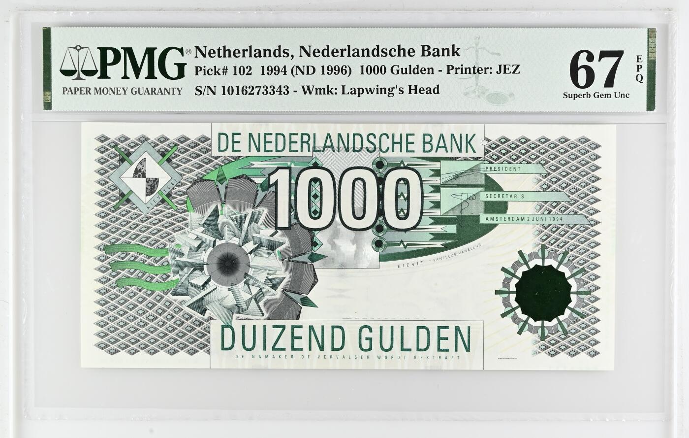 收藏联盟Quantum Auction 第361期拍卖  荷兰1994年1000盾 PMG67 经典大齿轮