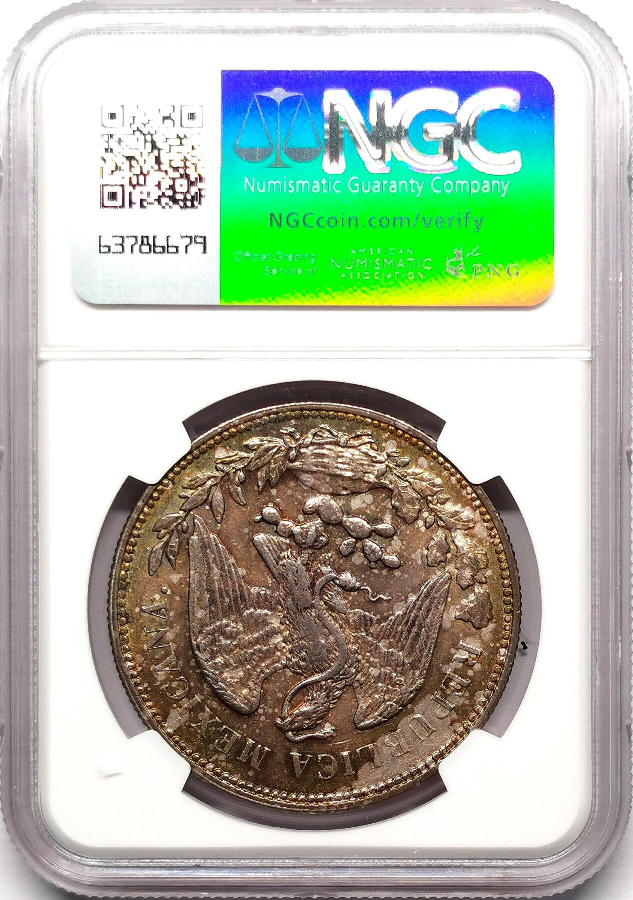 凡希社世界钱币微拍第二百七十六期 1908MO墨西哥直边鹰洋NGC-AU58洋红五彩！