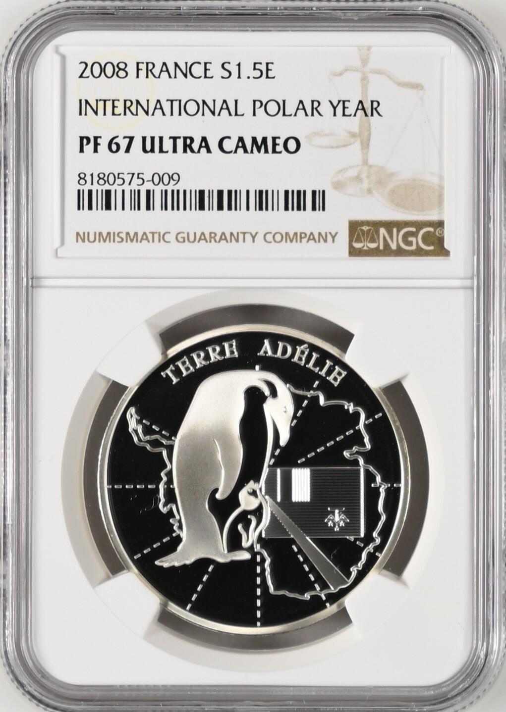 长老汇龙年精选第八场拍卖 2008 法国国际极地年1.5欧元精制银币，NGC PF67UC，3500多枚，更高4枚，少见