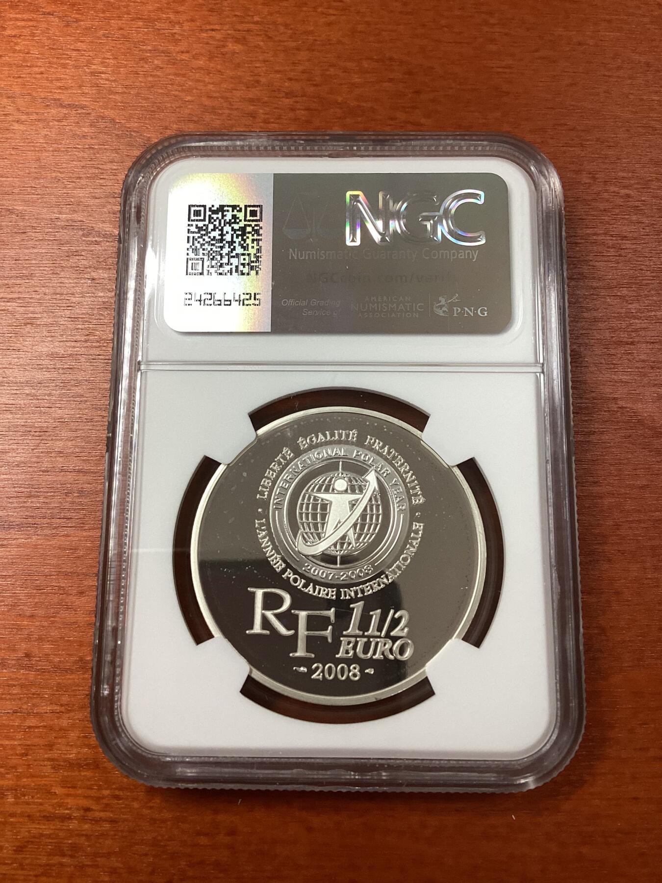 长老汇龙年精选第八场拍卖 2008 法国国际极地年1.5欧元精制银币，NGC PF67UC，3500多枚，更高4枚，少见