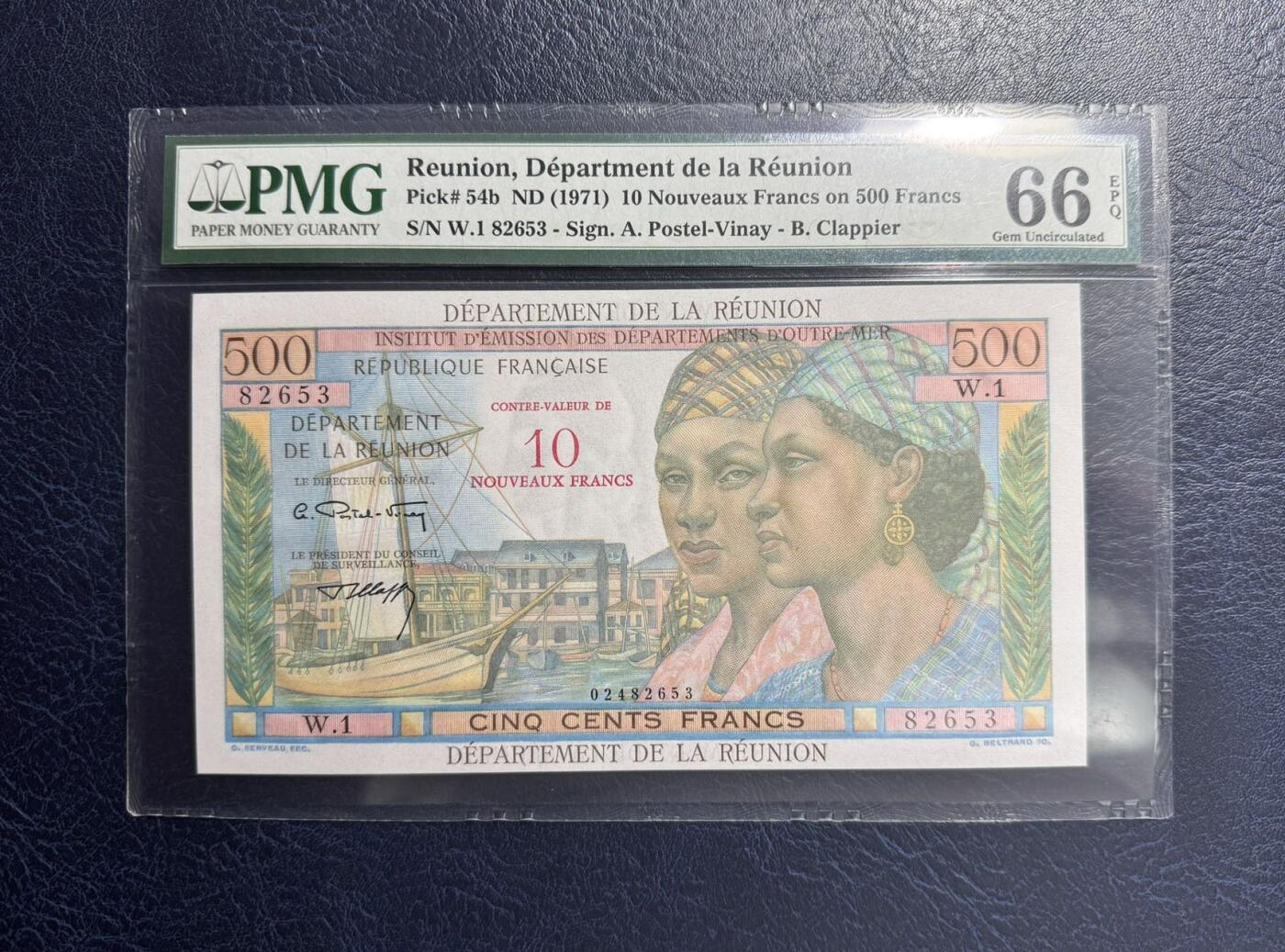 收藏联盟Quantum Auction 第361期拍卖  留尼旺1971年10新法郎 PMG66 号码无47 牛拉车