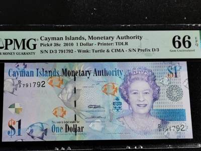 刘世昌艺术品销售中心～虎踞龙蟠*金杨在线联拍群第508期 - 开曼群岛2010年1元（PMG 66E 号码：D/3 791792）1枚。